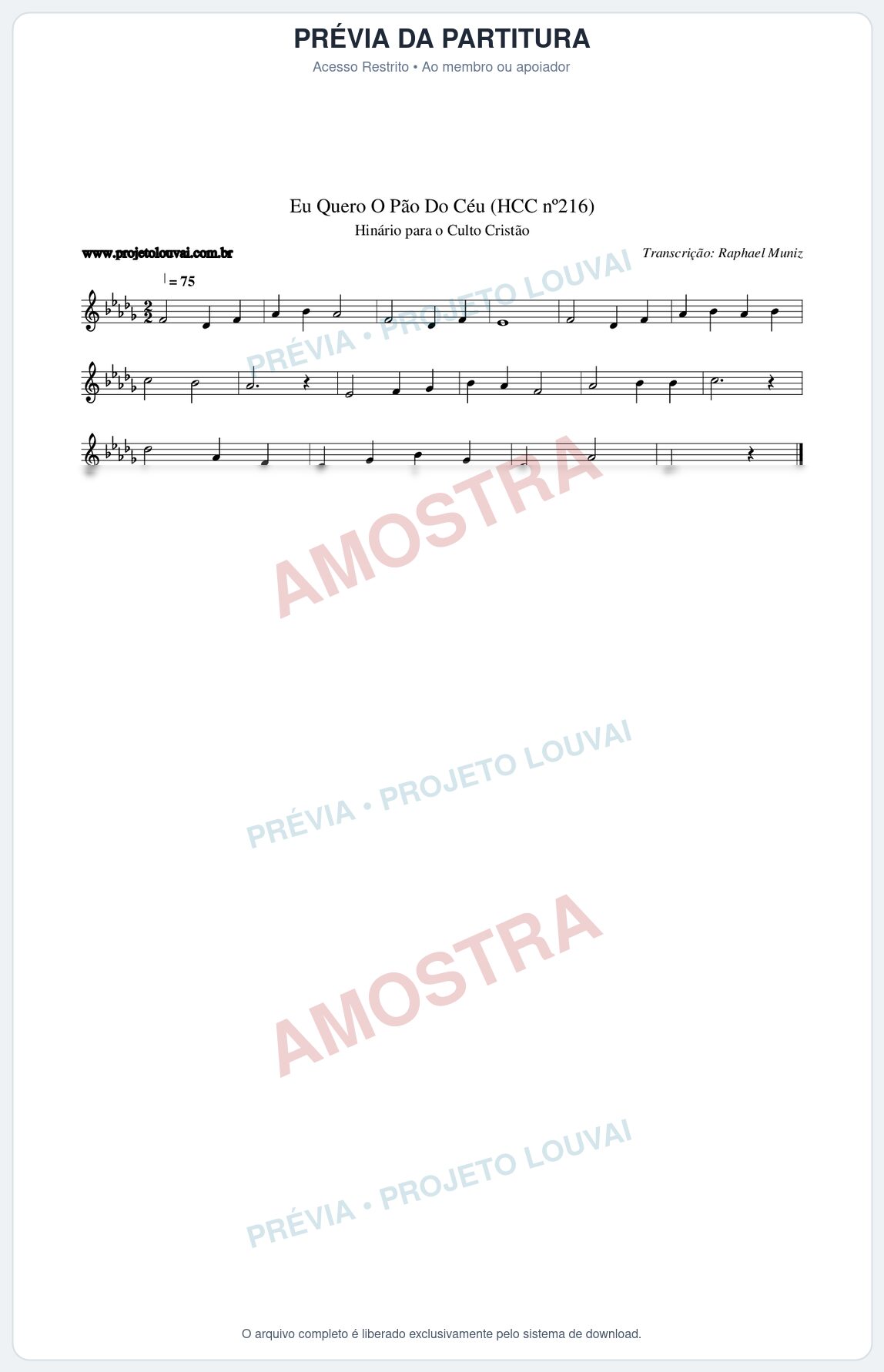 Prévia protegida da primeira página da partitura Partitura da música Eu Quero O Pão Do Céu (HCC nº216) - Hinário para o Culto Cristão - Tom Db