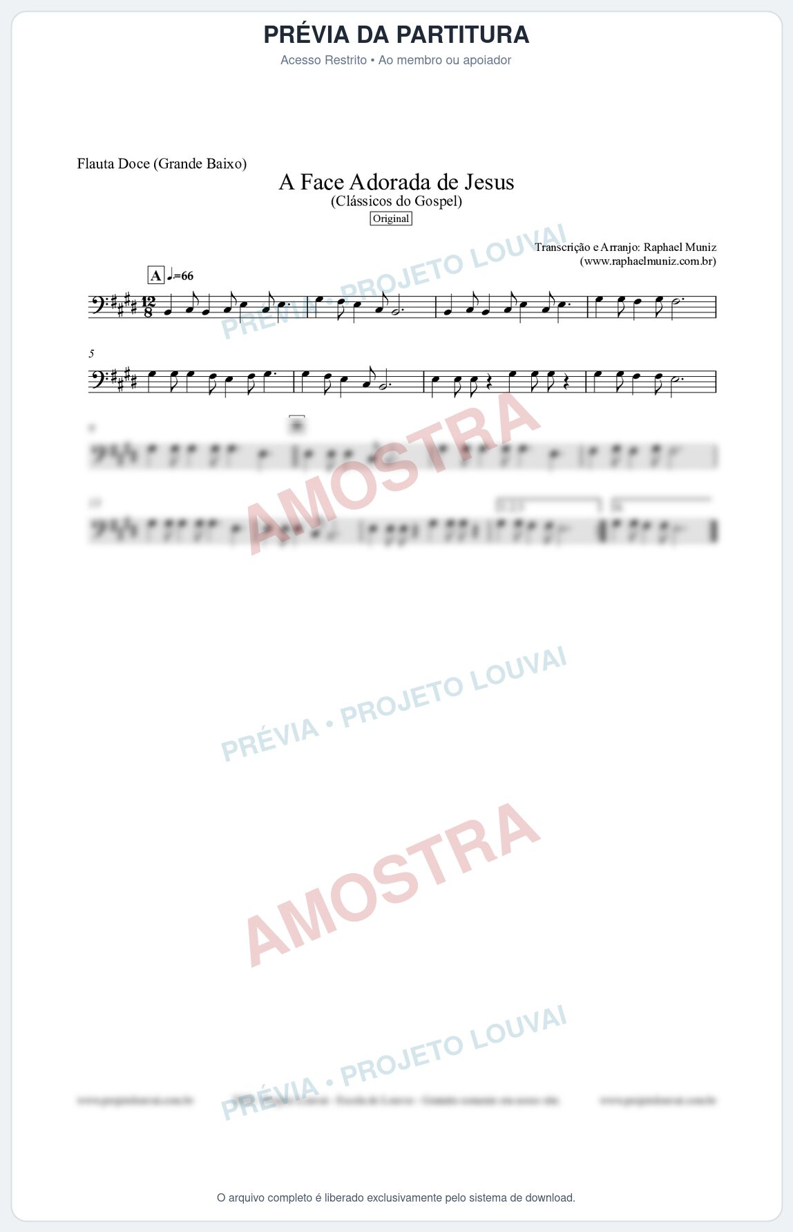 Prévia protegida da primeira página da partitura Partitura para Flauta Doce (Grande Baixo) - A Face Adorada de Jesus - Harpa Cristã 304 (Tom E) - Clássicos do Gospel