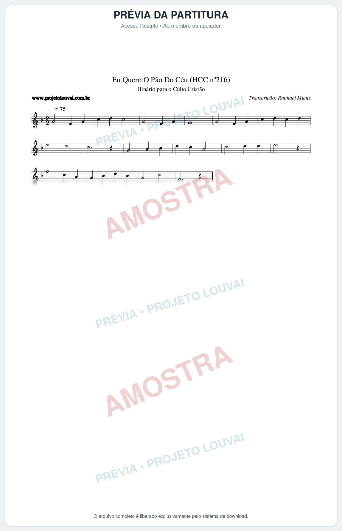 Prévia protegida da primeira página da partitura Partitura da música Eu Quero O Pão Do Céu (HCC nº216) - Hinário para o Culto Cristão - Tom F