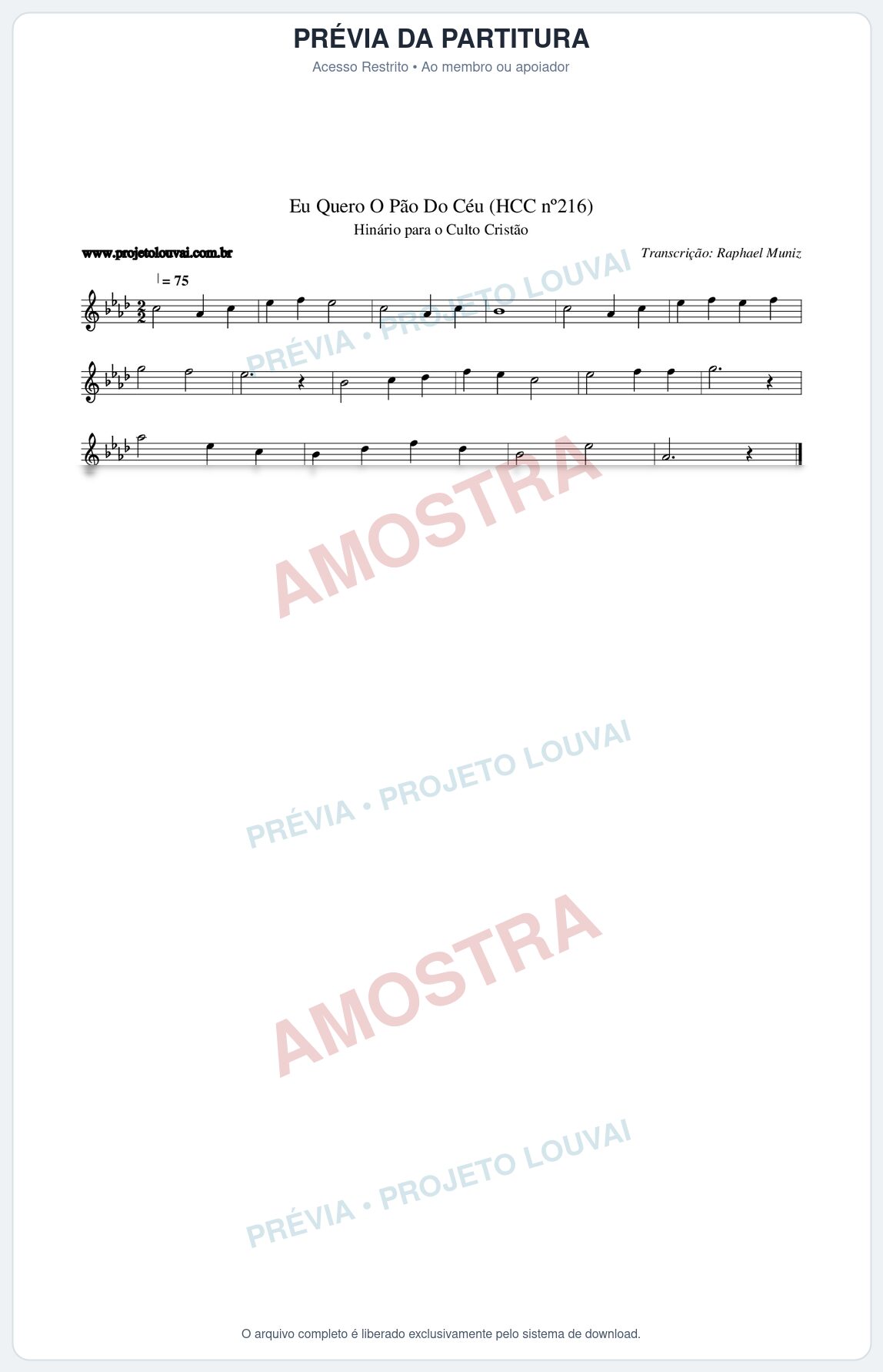 Prévia protegida da primeira página da partitura Partitura da música Eu Quero O Pão Do Céu (HCC nº216) - Hinário para o Culto Cristão - Tom Ab