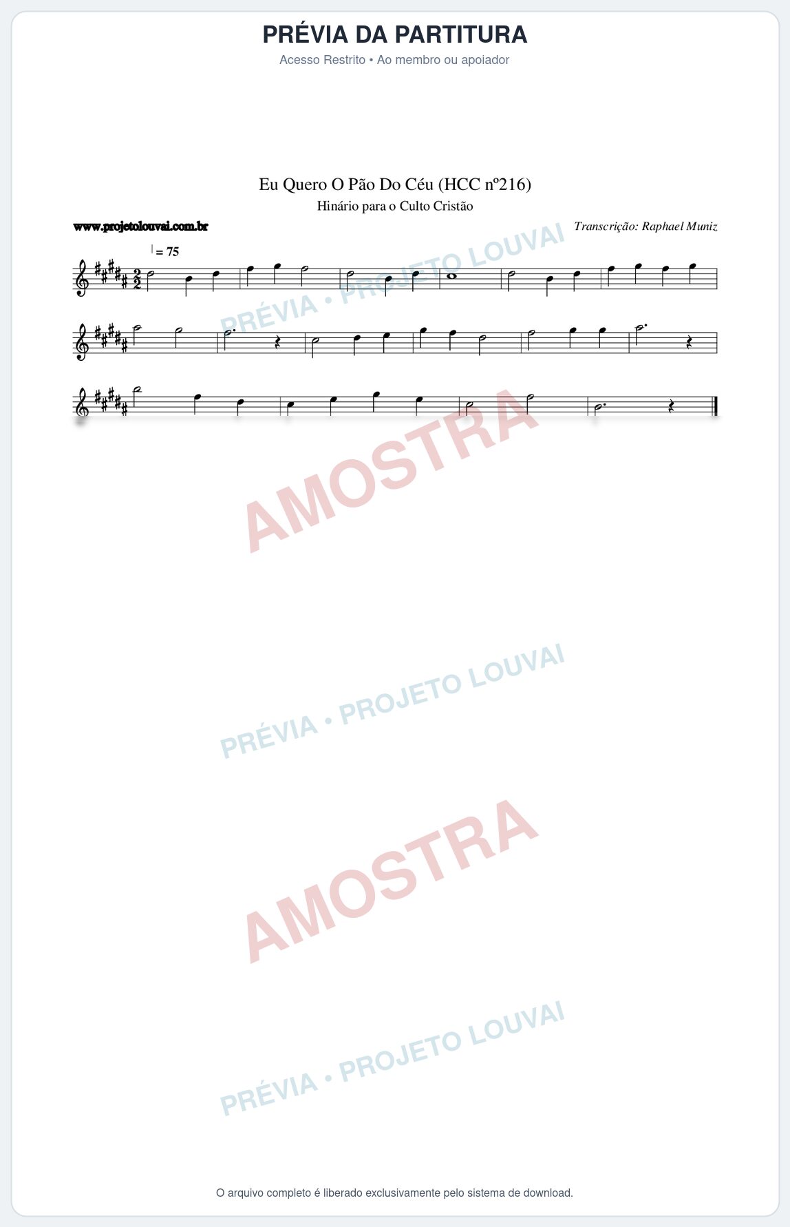 Prévia protegida da primeira página da partitura Partitura da música Eu Quero O Pão Do Céu (HCC nº216) - Hinário para o Culto Cristão - Tom B