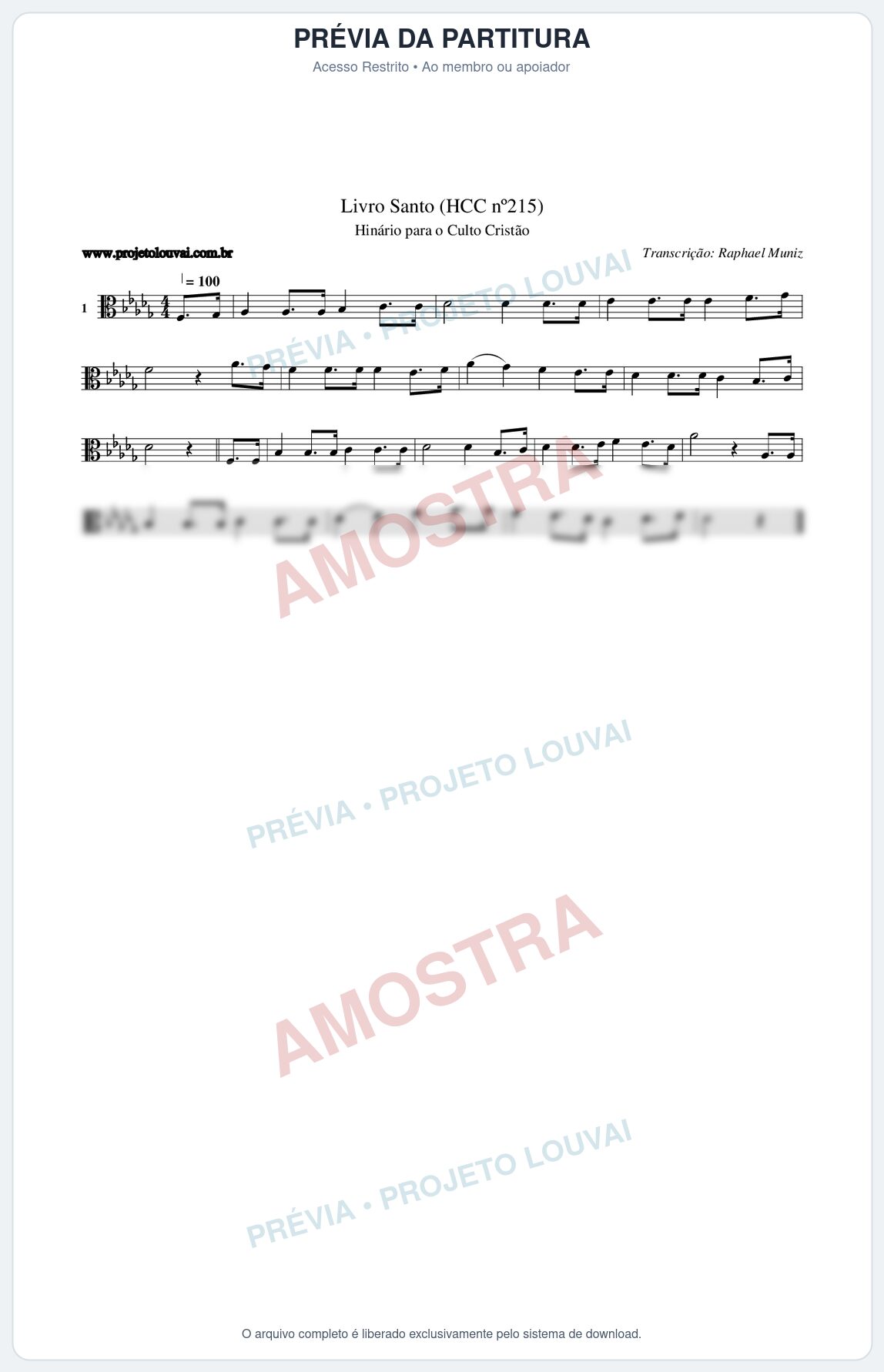 Prévia protegida da primeira página da partitura Partitura da música Livro Santo (HCC nº215) - Hinário para o Culto Cristão - Tom Db