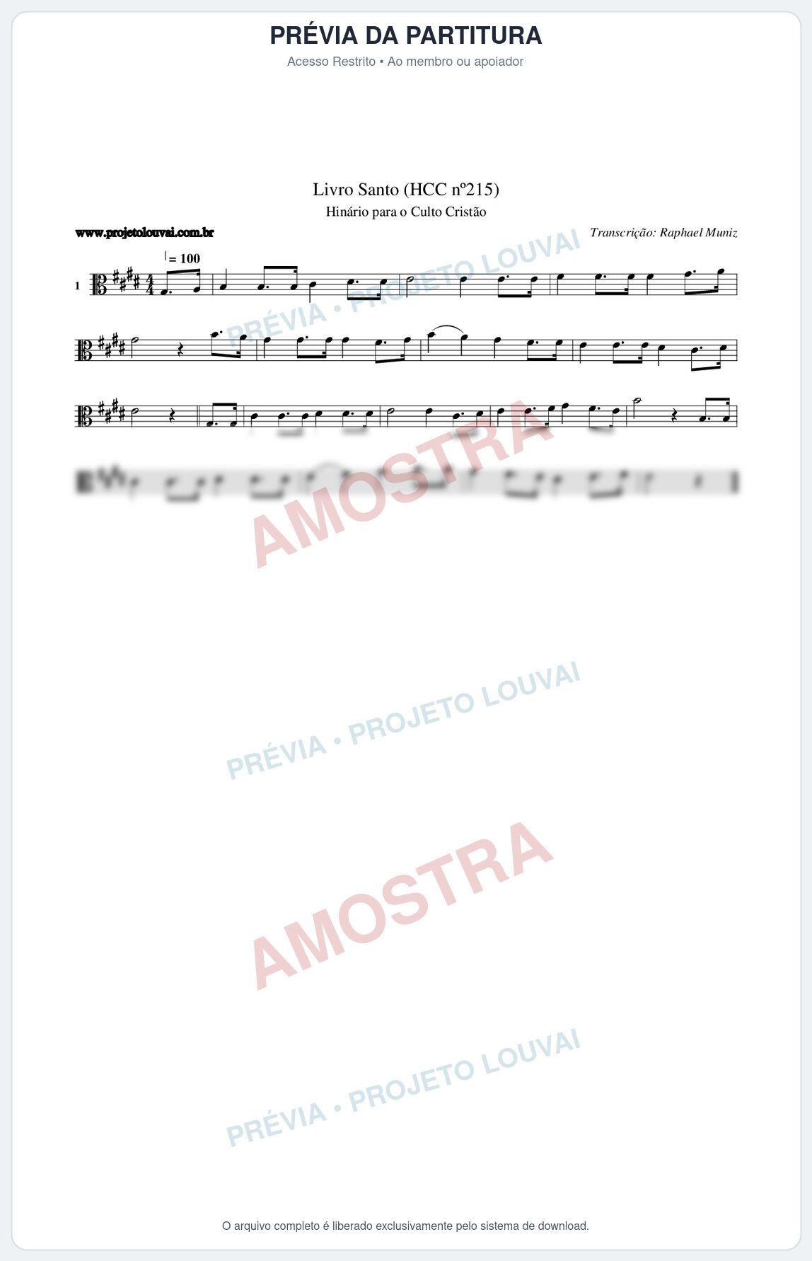 Prévia protegida da primeira página da partitura Partitura da música Livro Santo (HCC nº215) - Hinário para o Culto Cristão - Tom E