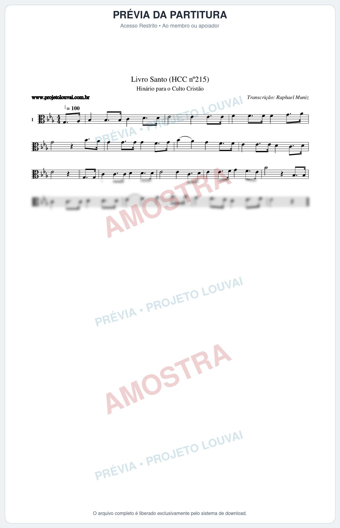 Prévia protegida da primeira página da partitura Partitura da música Livro Santo (HCC nº215) - Hinário para o Culto Cristão - Tom Eb