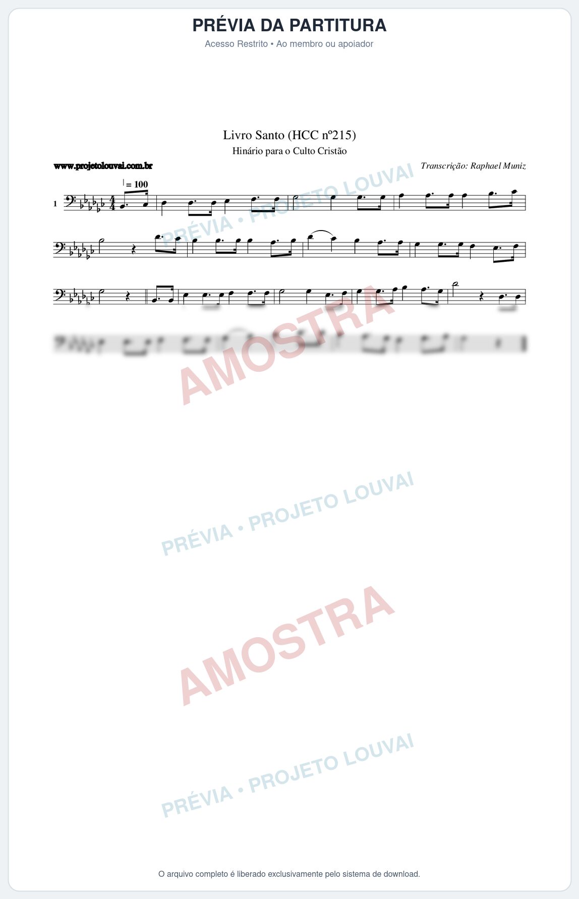 Prévia protegida da primeira página da partitura Partitura da música Livro Santo (HCC nº215) - Hinário para o Culto Cristão - Tom Gb
