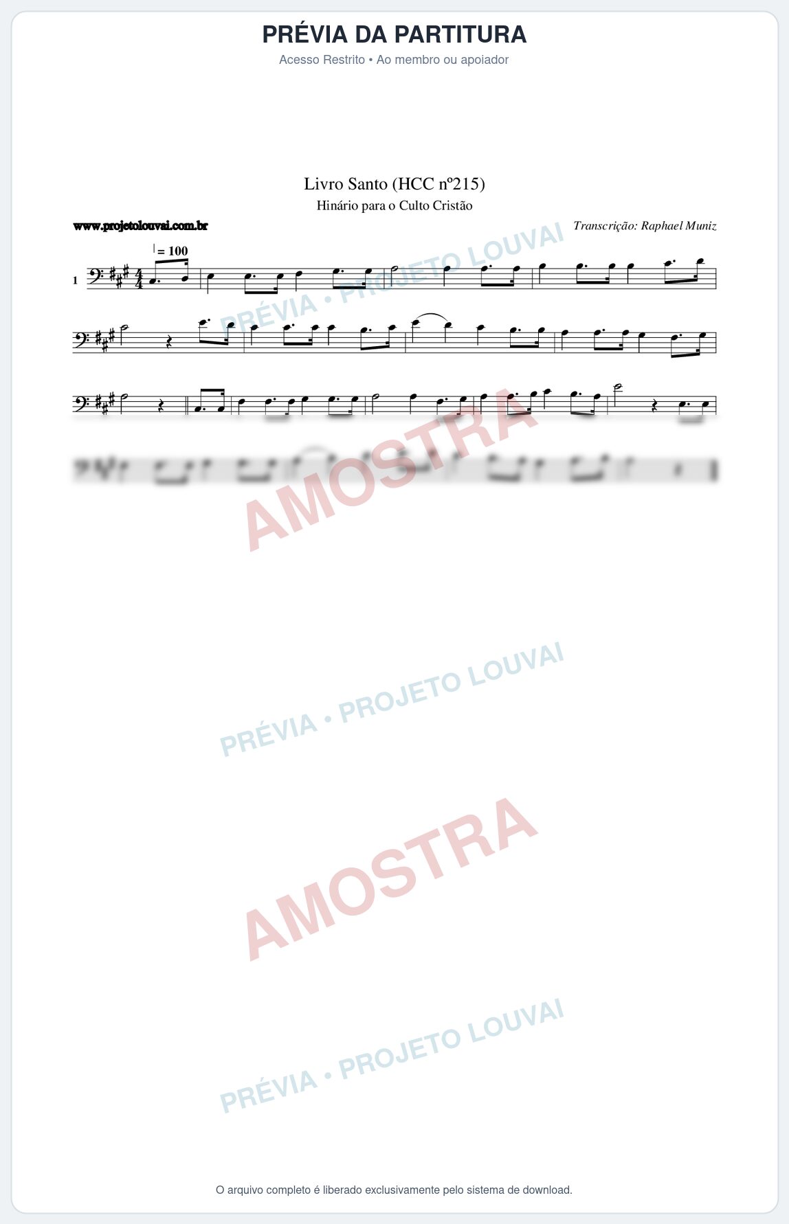 Prévia protegida da primeira página da partitura Partitura da música Livro Santo (HCC nº215) - Hinário para o Culto Cristão - Tom A