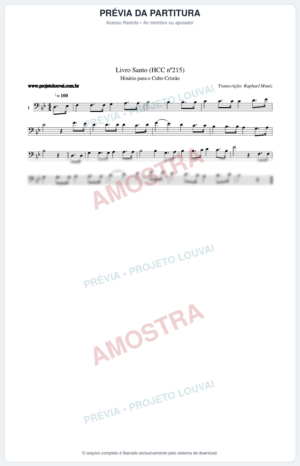Prévia protegida da primeira página da partitura Partitura da música Livro Santo (HCC nº215) - Hinário para o Culto Cristão - Tom Bb