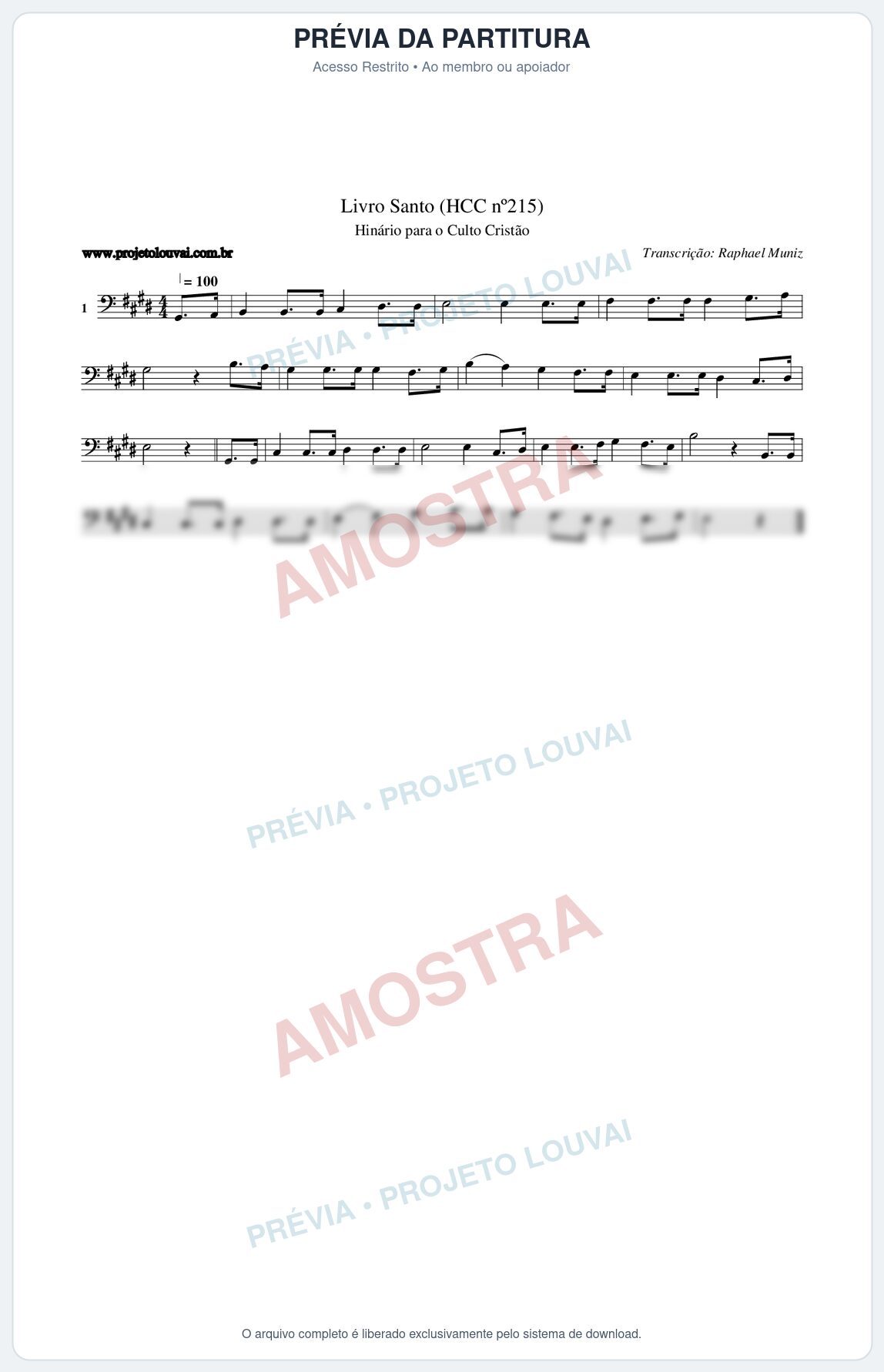 Prévia protegida da primeira página da partitura Partitura da música Livro Santo (HCC nº215) - Hinário para o Culto Cristão - Tom E