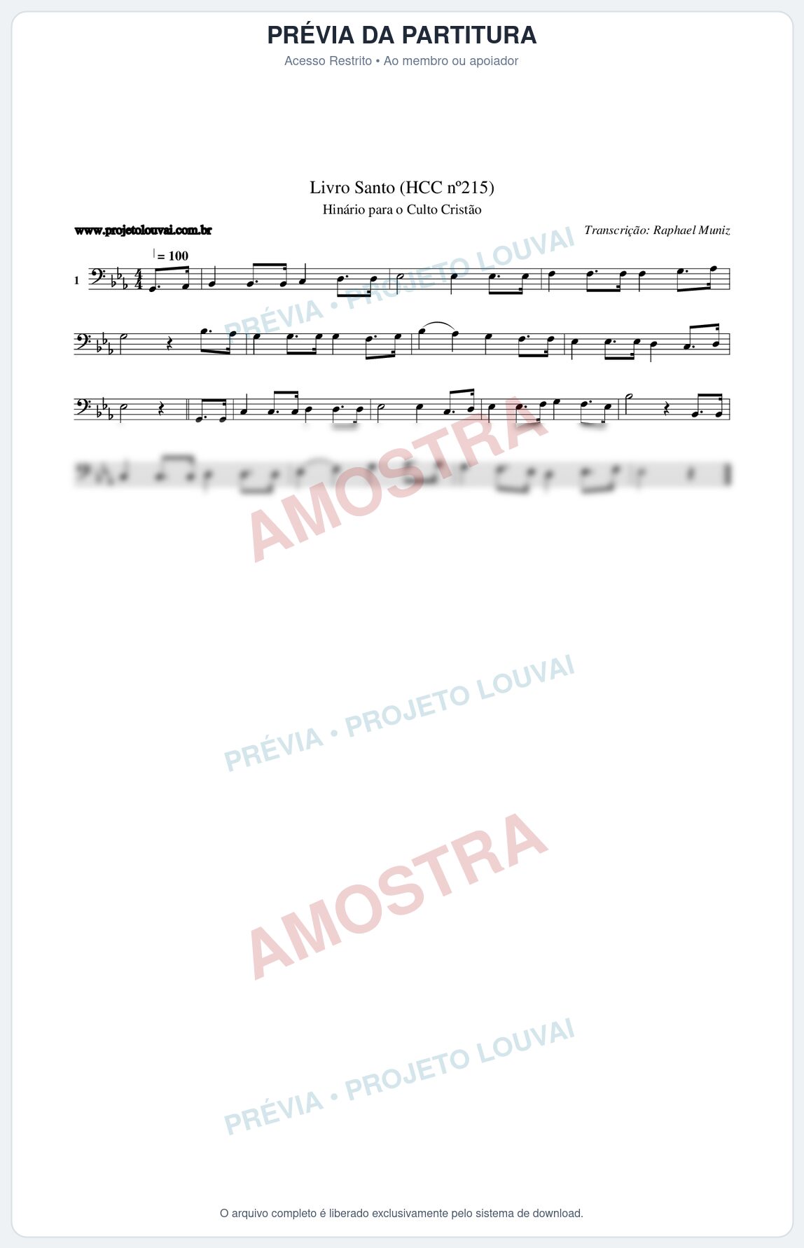 Prévia protegida da primeira página da partitura Partitura da música Livro Santo (HCC nº215) - Hinário para o Culto Cristão - Tom Eb