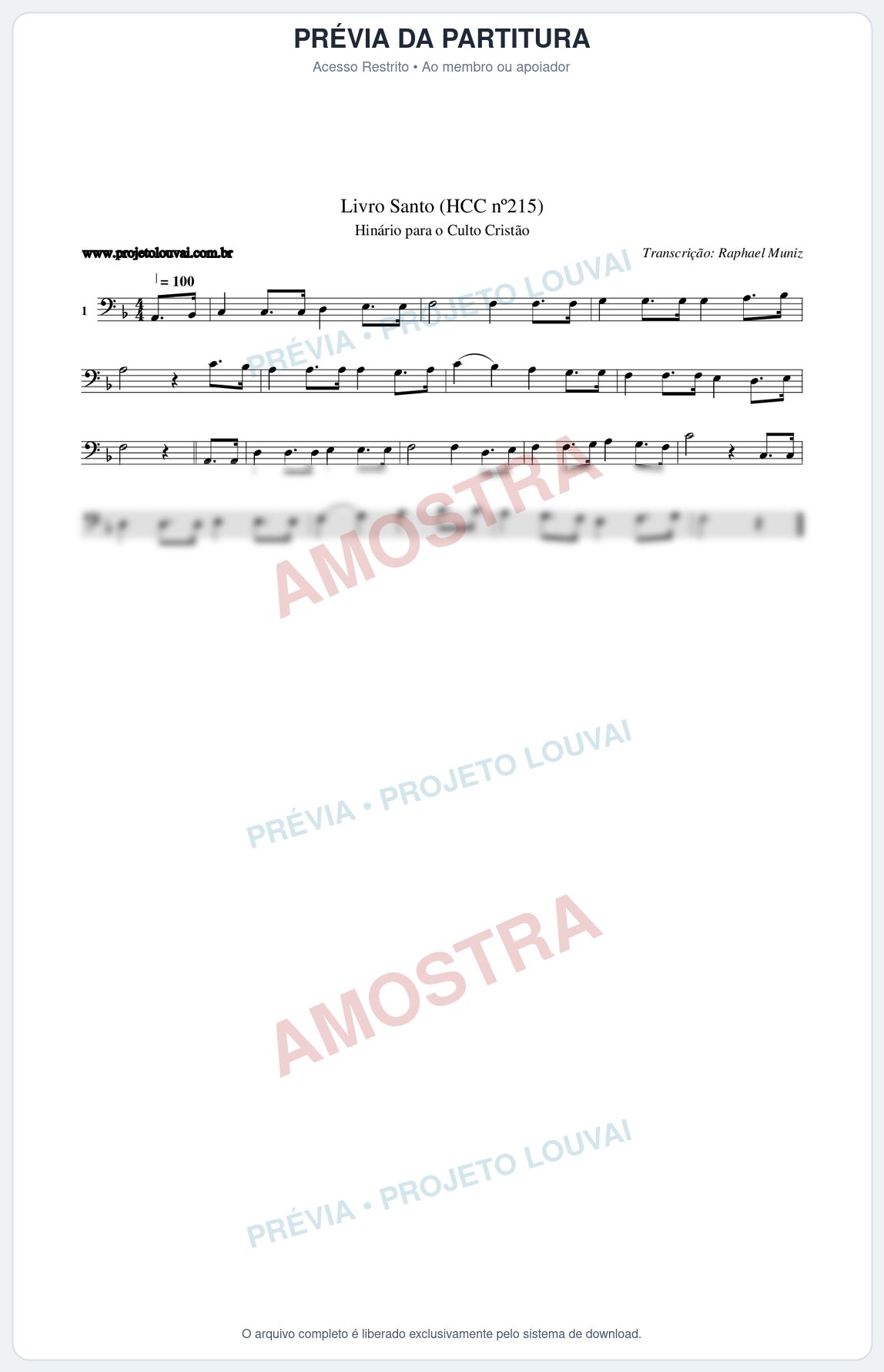 Prévia protegida da primeira página da partitura Partitura da música Livro Santo (HCC nº215) - Hinário para o Culto Cristão - Tom F