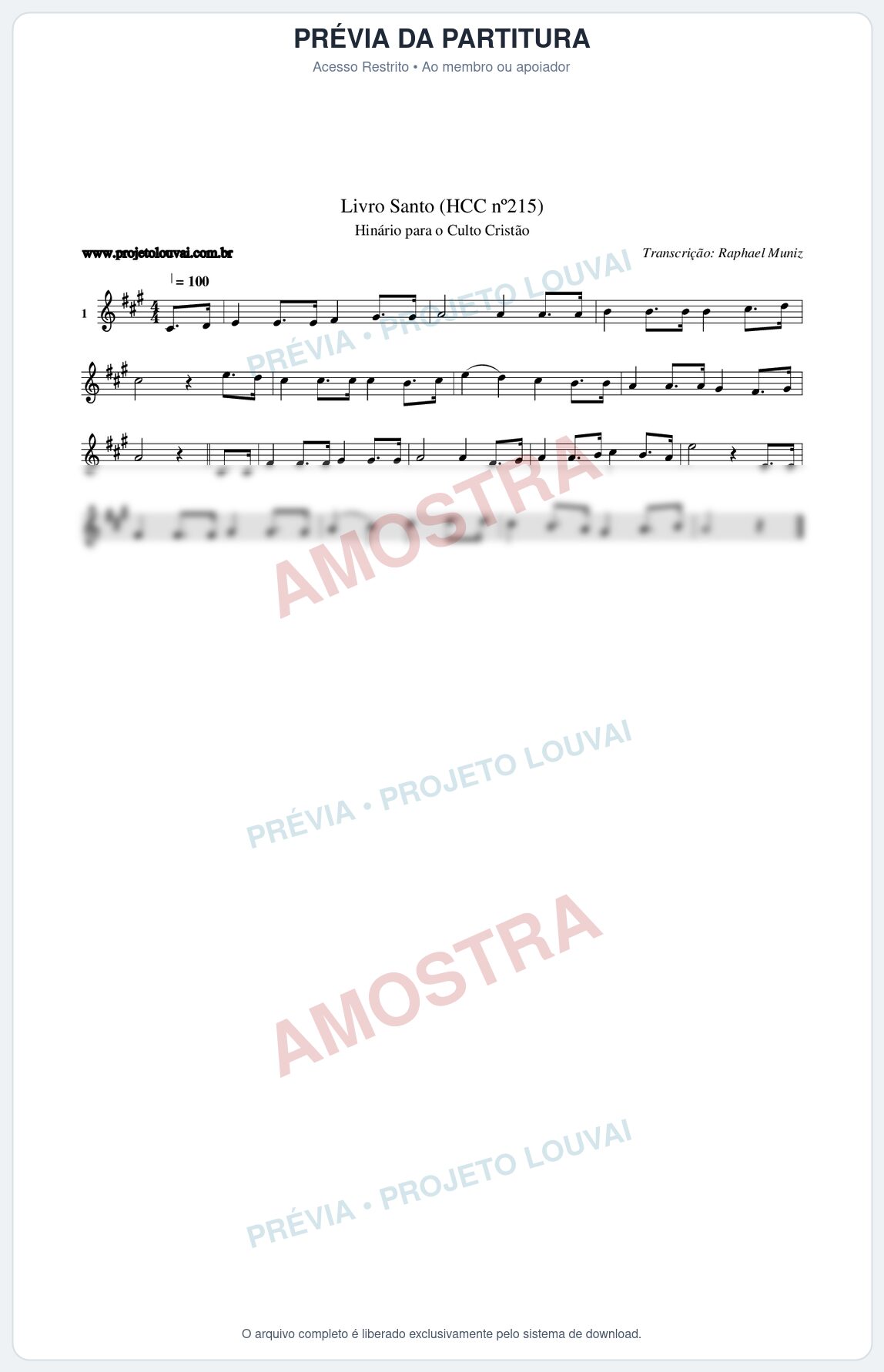 Prévia protegida da primeira página da partitura Partitura da música Livro Santo (HCC nº215) - Hinário para o Culto Cristão - Tom A