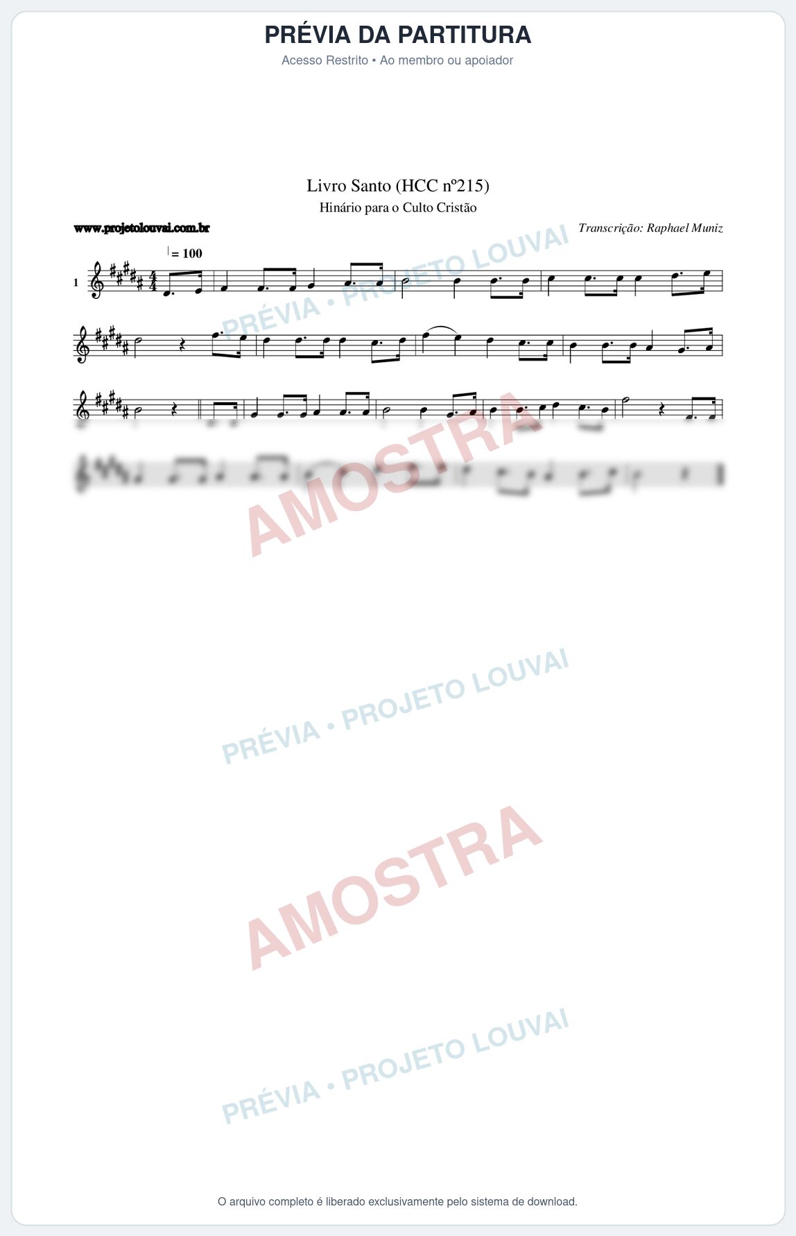Prévia protegida da primeira página da partitura Partitura da música Livro Santo (HCC nº215) - Hinário para o Culto Cristão - Tom B
