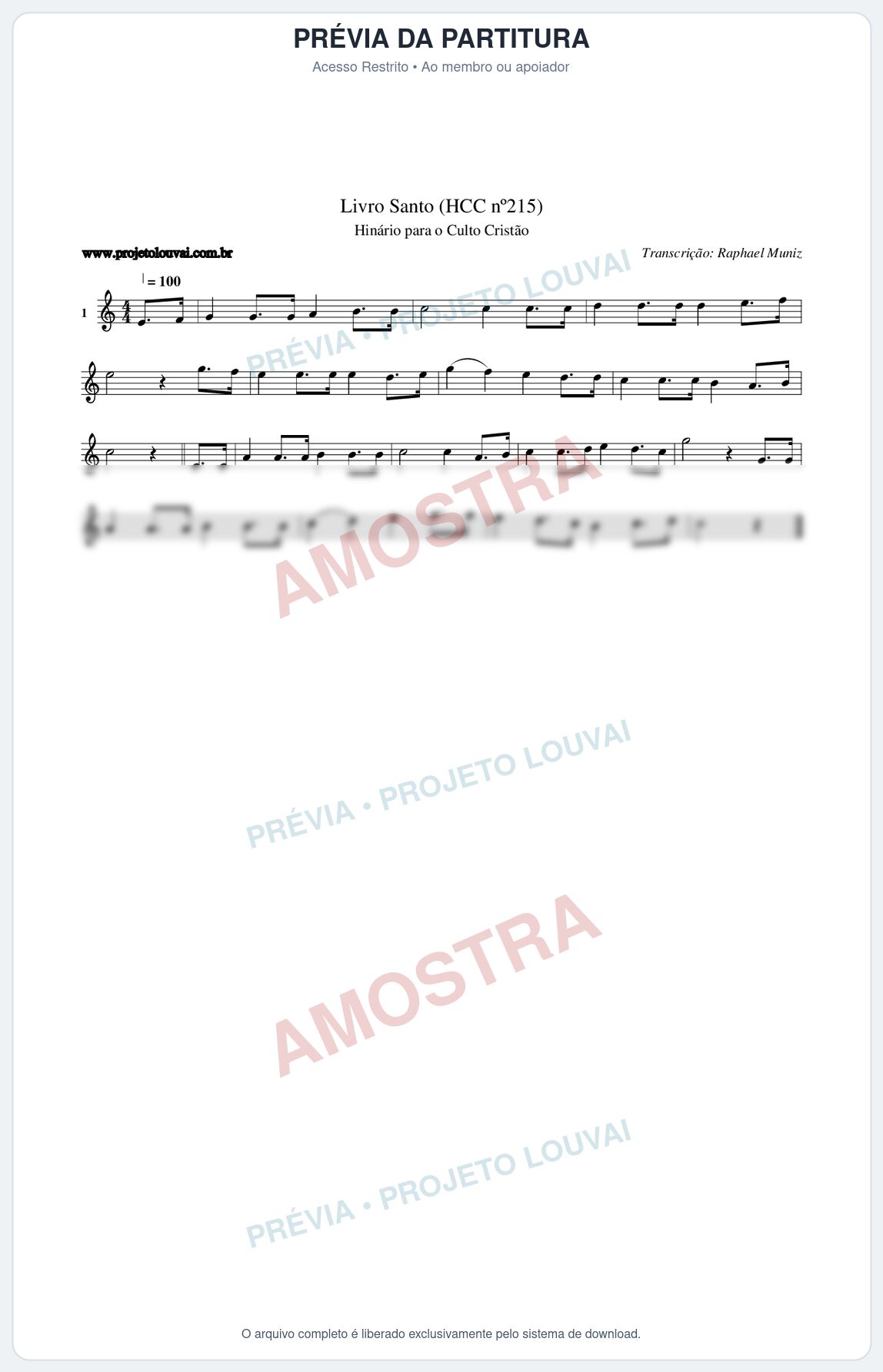Prévia protegida da primeira página da partitura Partitura da música Livro Santo (HCC nº215) - Hinário para o Culto Cristão - Tom C