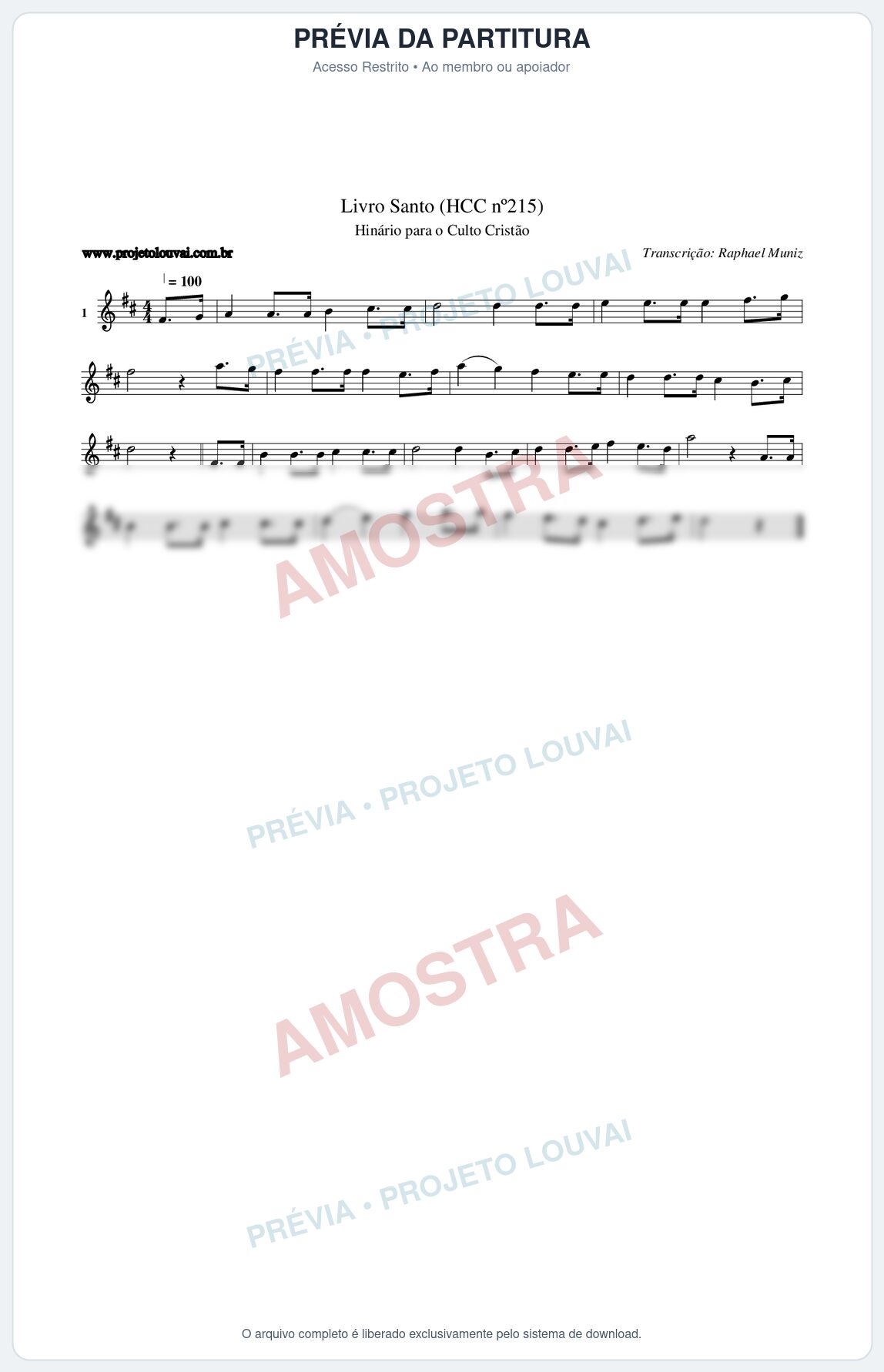 Prévia protegida da primeira página da partitura Partitura da música Livro Santo (HCC nº215) - Hinário para o Culto Cristão - Tom D