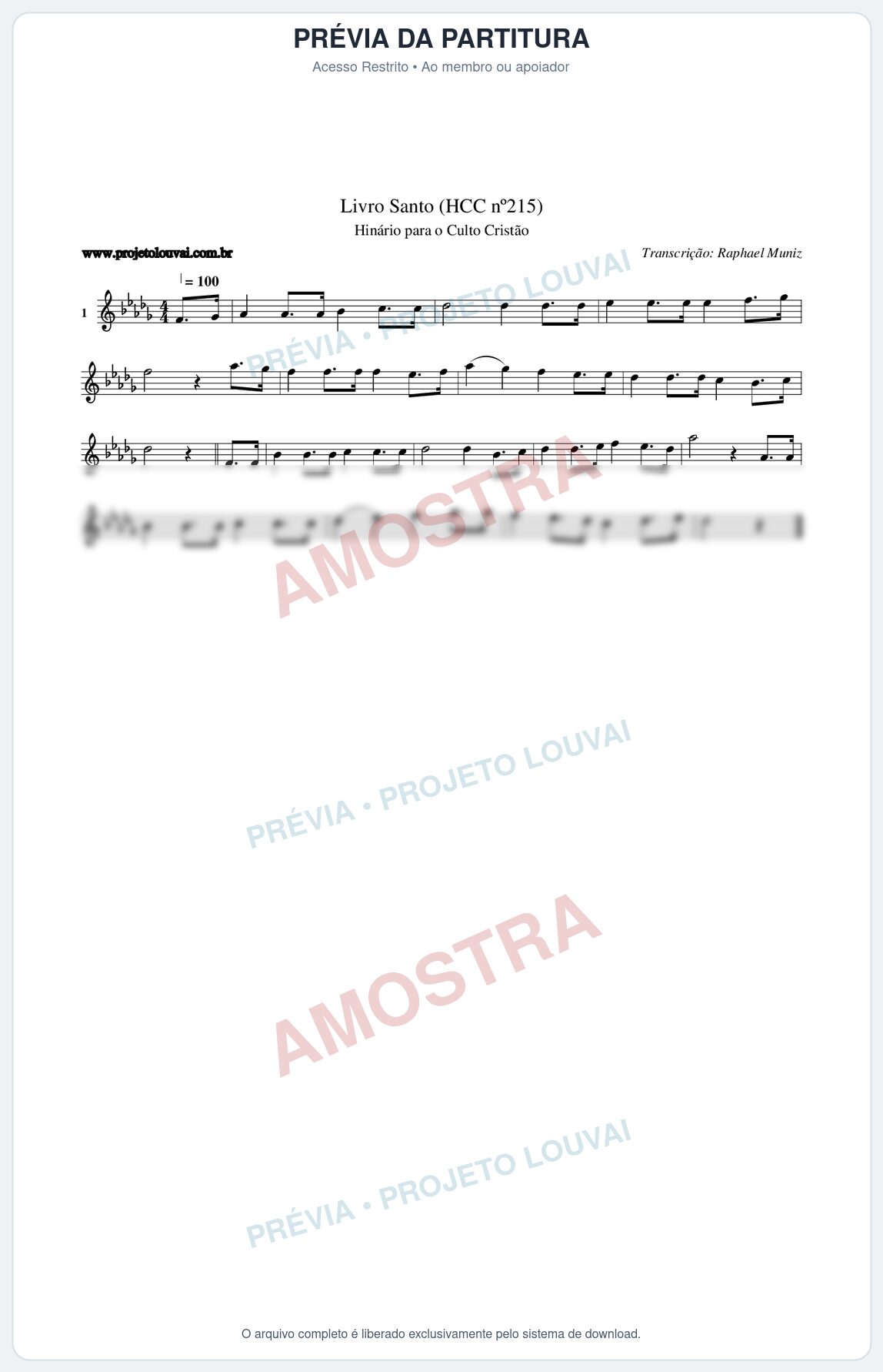 Prévia protegida da primeira página da partitura Partitura da música Livro Santo (HCC nº215) - Hinário para o Culto Cristão - Tom Db