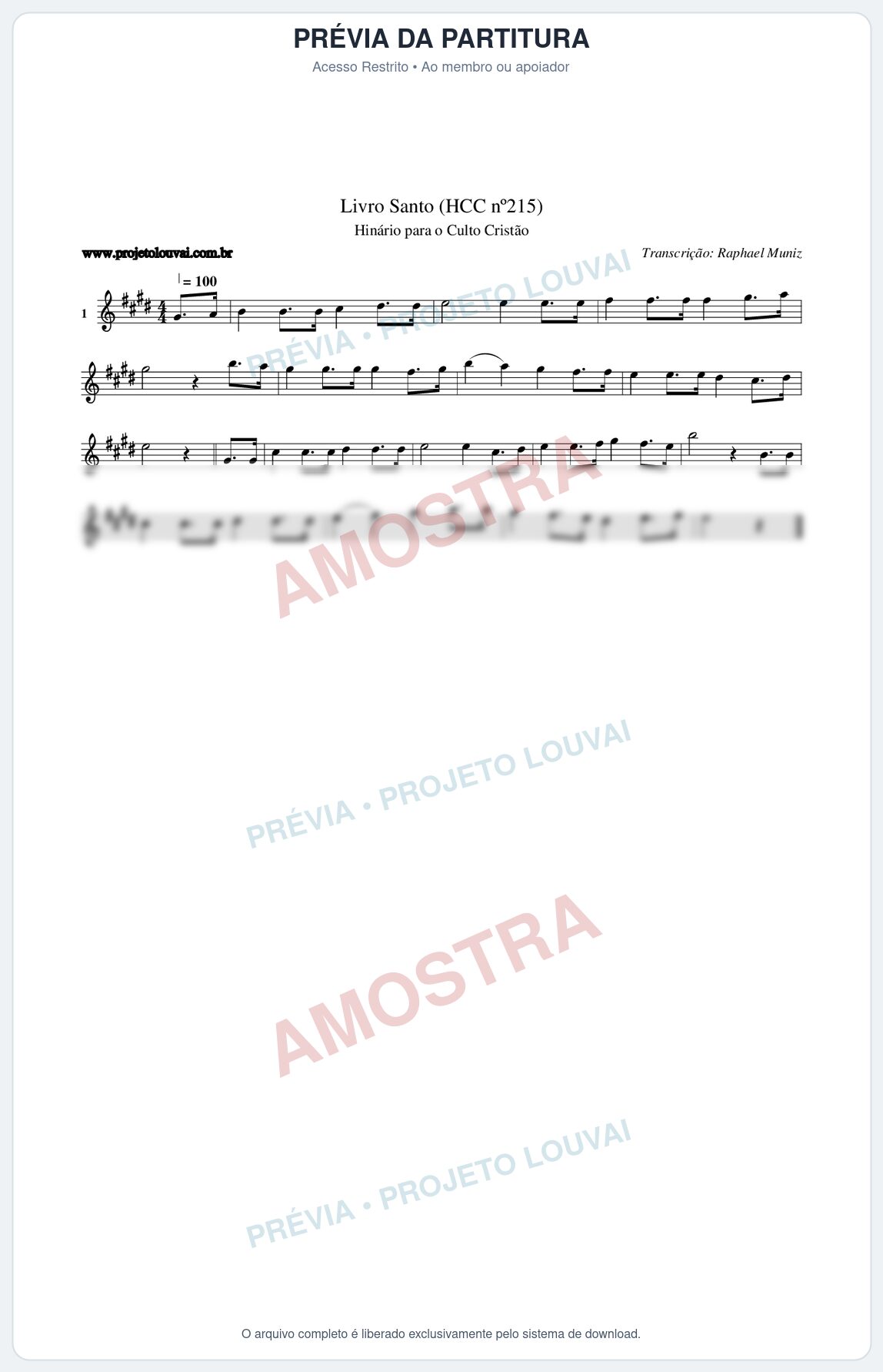 Prévia protegida da primeira página da partitura Partitura da música Livro Santo (HCC nº215) - Hinário para o Culto Cristão - Tom E