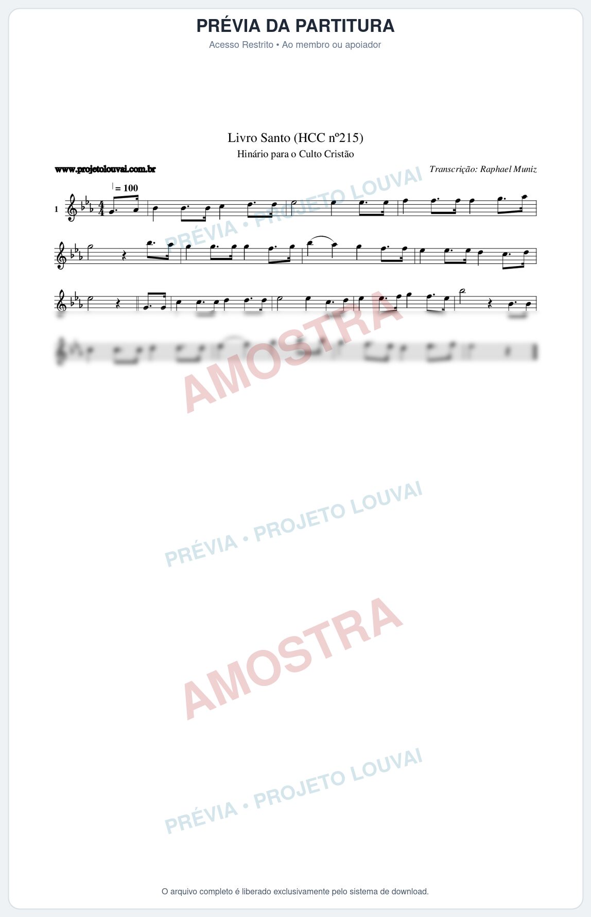 Prévia protegida da primeira página da partitura Partitura da música Livro Santo (HCC nº215) - Hinário para o Culto Cristão - Tom Eb