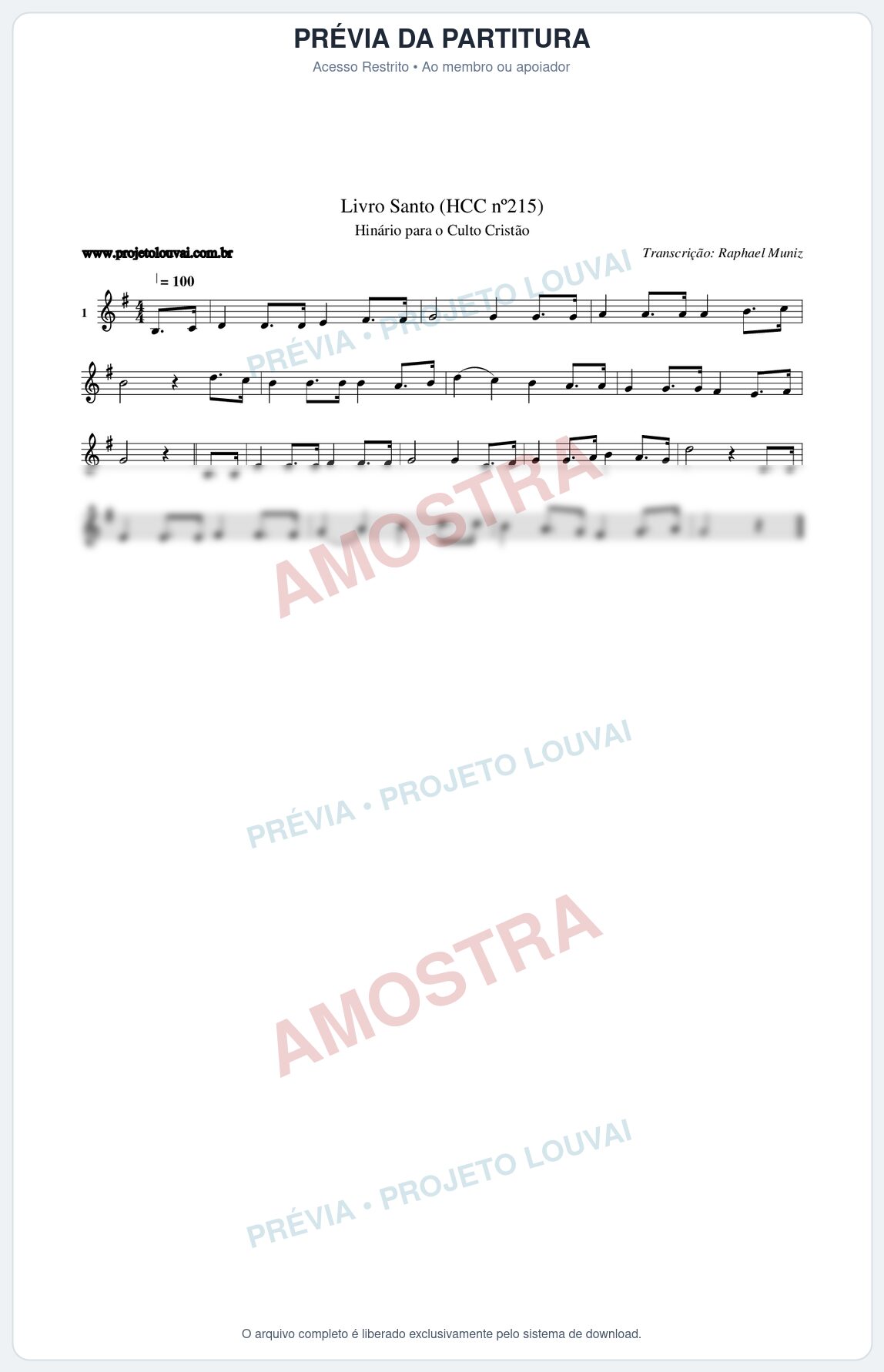 Prévia protegida da primeira página da partitura Partitura da música Livro Santo (HCC nº215) - Hinário para o Culto Cristão - Tom G