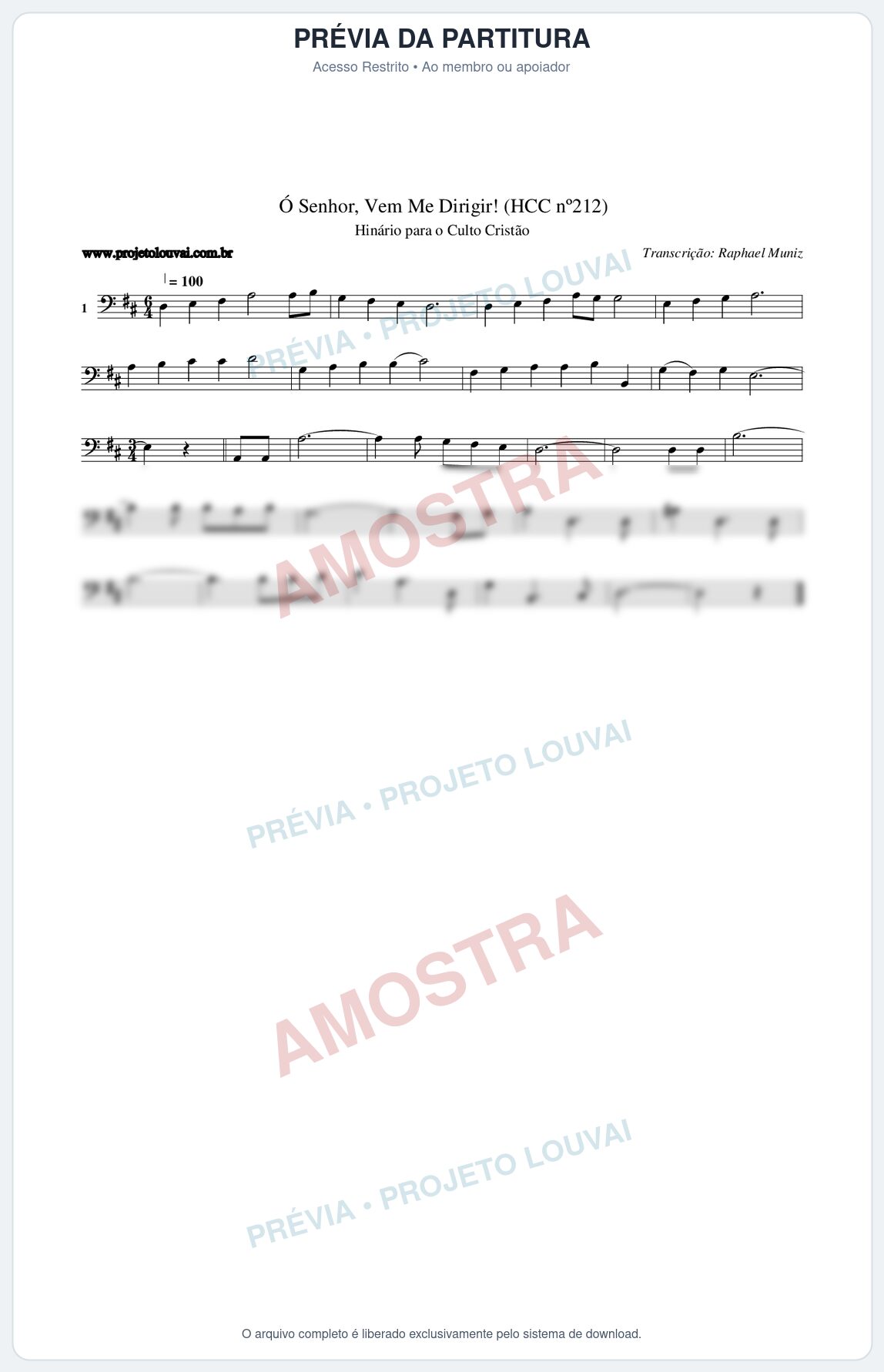 Prévia protegida da primeira página da partitura Partitura da música Senhor, Vem Me Dirigir! (HCC nº212) - Hinário para o Culto Cristão - Tom D