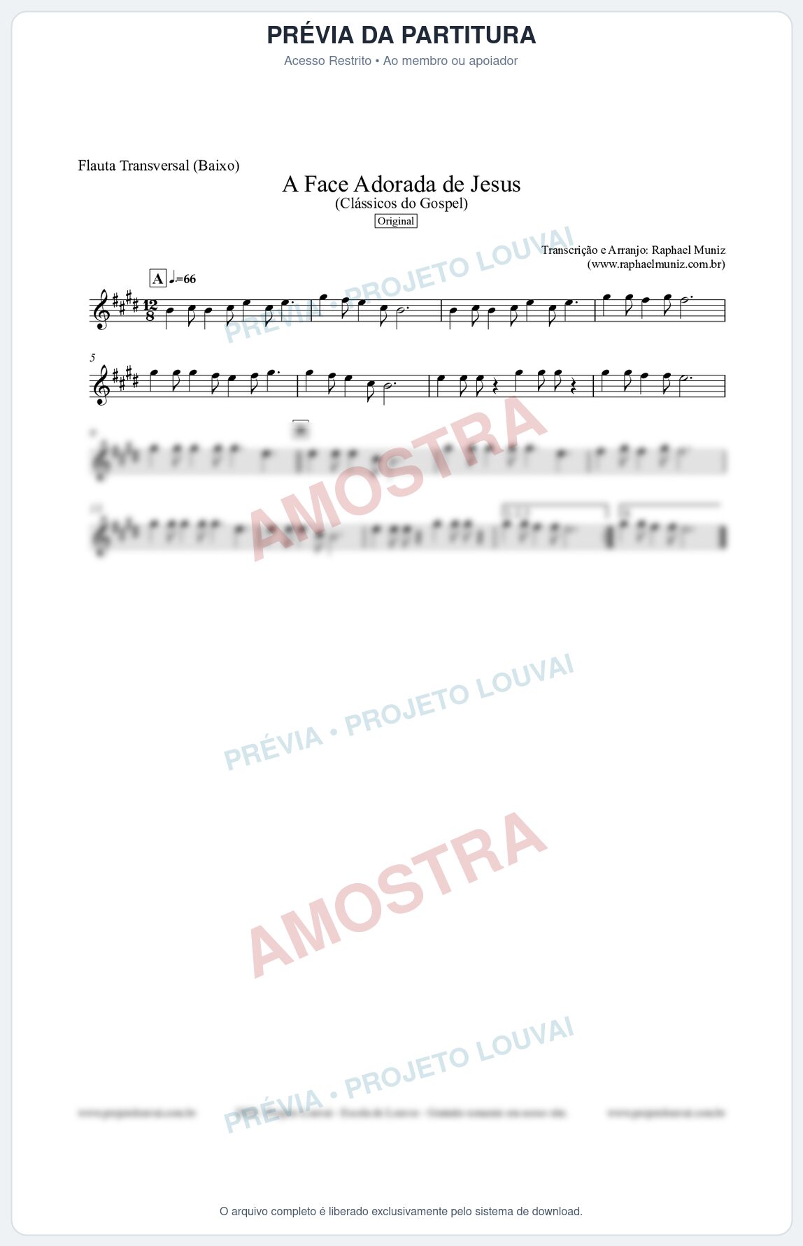 Prévia protegida da primeira página da partitura Partitura para Flauta Transversal (Baixo) - A Face Adorada de Jesus - Harpa Cristã 304 (Tom E) - Clássicos do Gospel