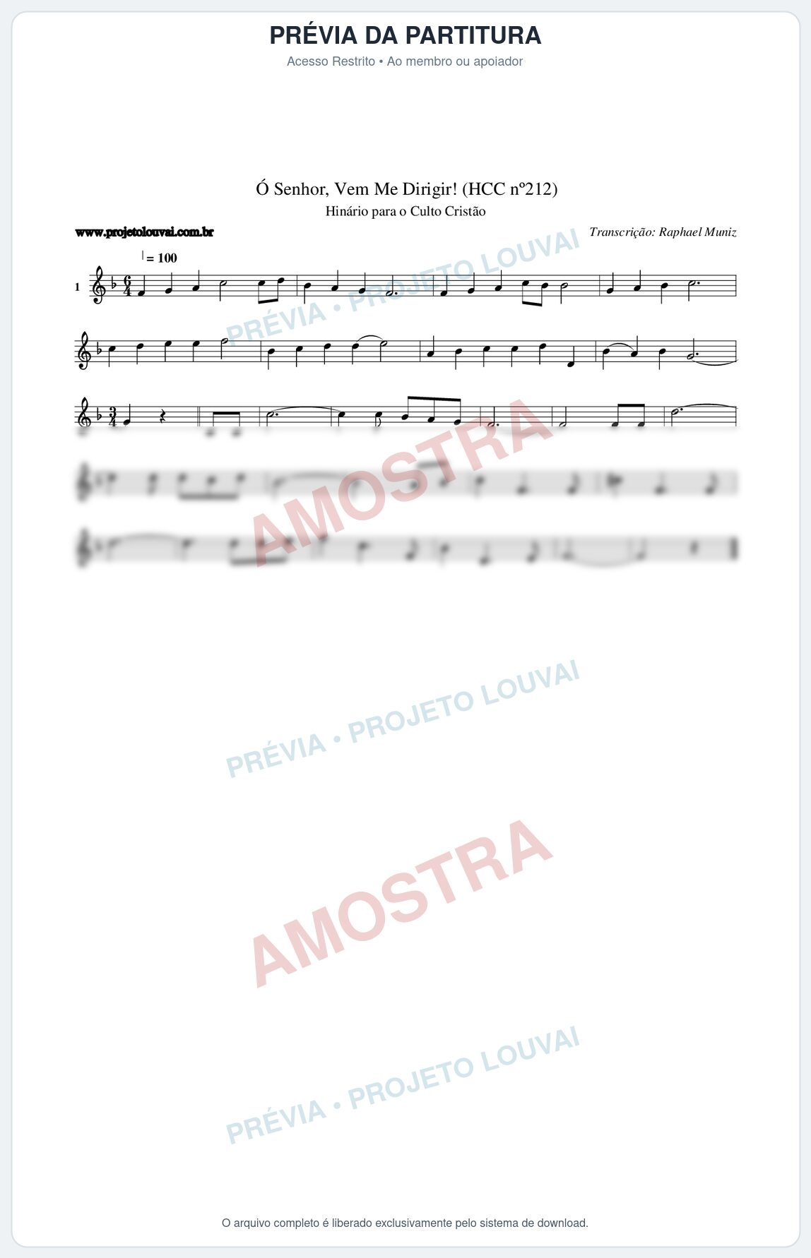 Prévia protegida da primeira página da partitura Partitura da música Senhor, Vem Me Dirigir! (HCC nº212) - Hinário para o Culto Cristão - Tom F