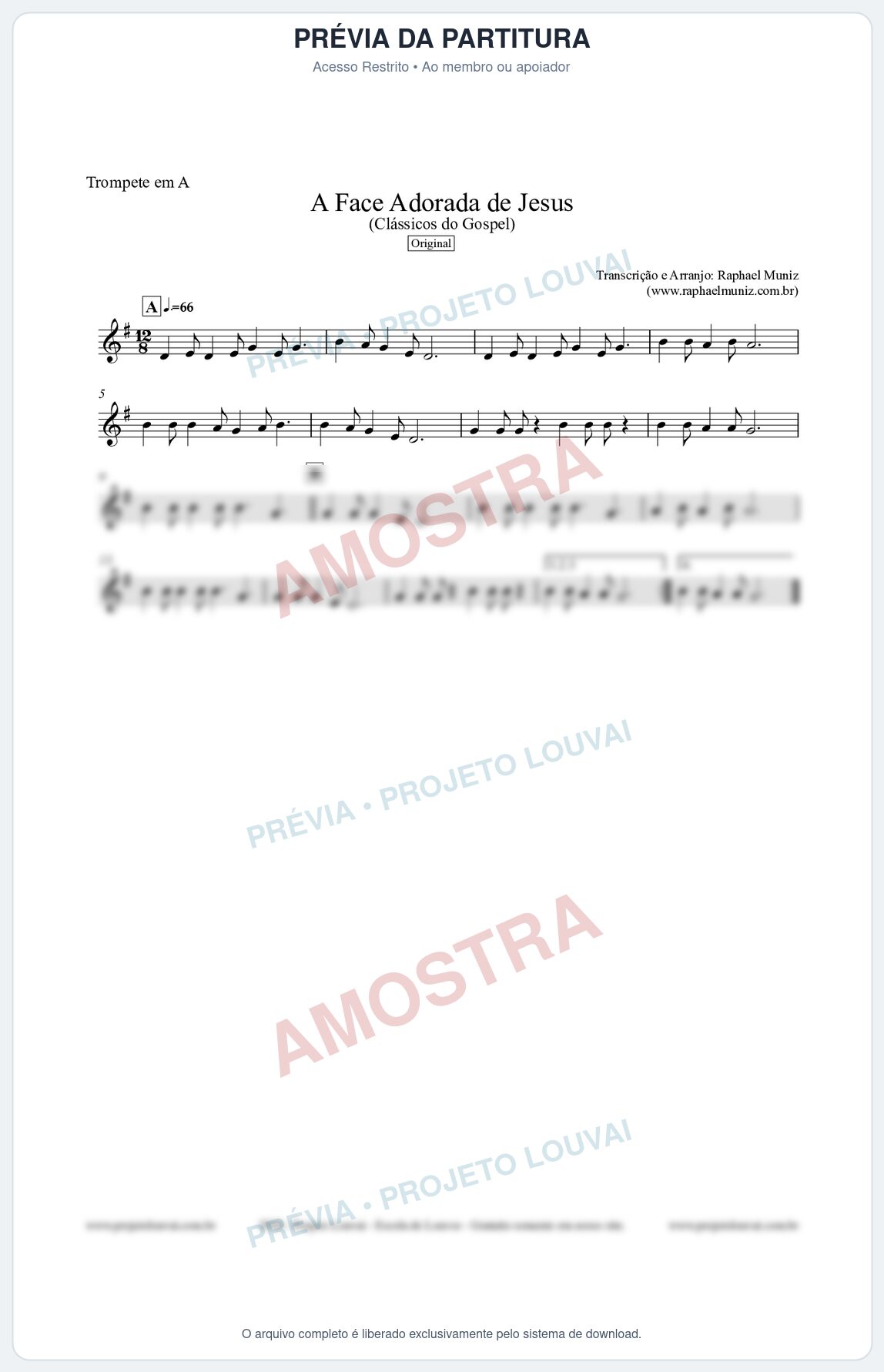 Prévia protegida da primeira página da partitura Partitura para Trompete em A - A Face Adorada de Jesus - Harpa Cristã 304 (Tom E) - Clássicos do Gospel