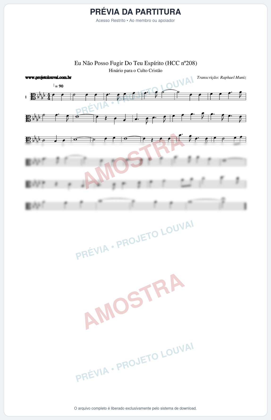Prévia protegida da primeira página da partitura Partitura da música Eu Não Posso Fugir Do Teu Espírito (HCC nº208) - Hinário para o Culto Cristão - Tom Ab