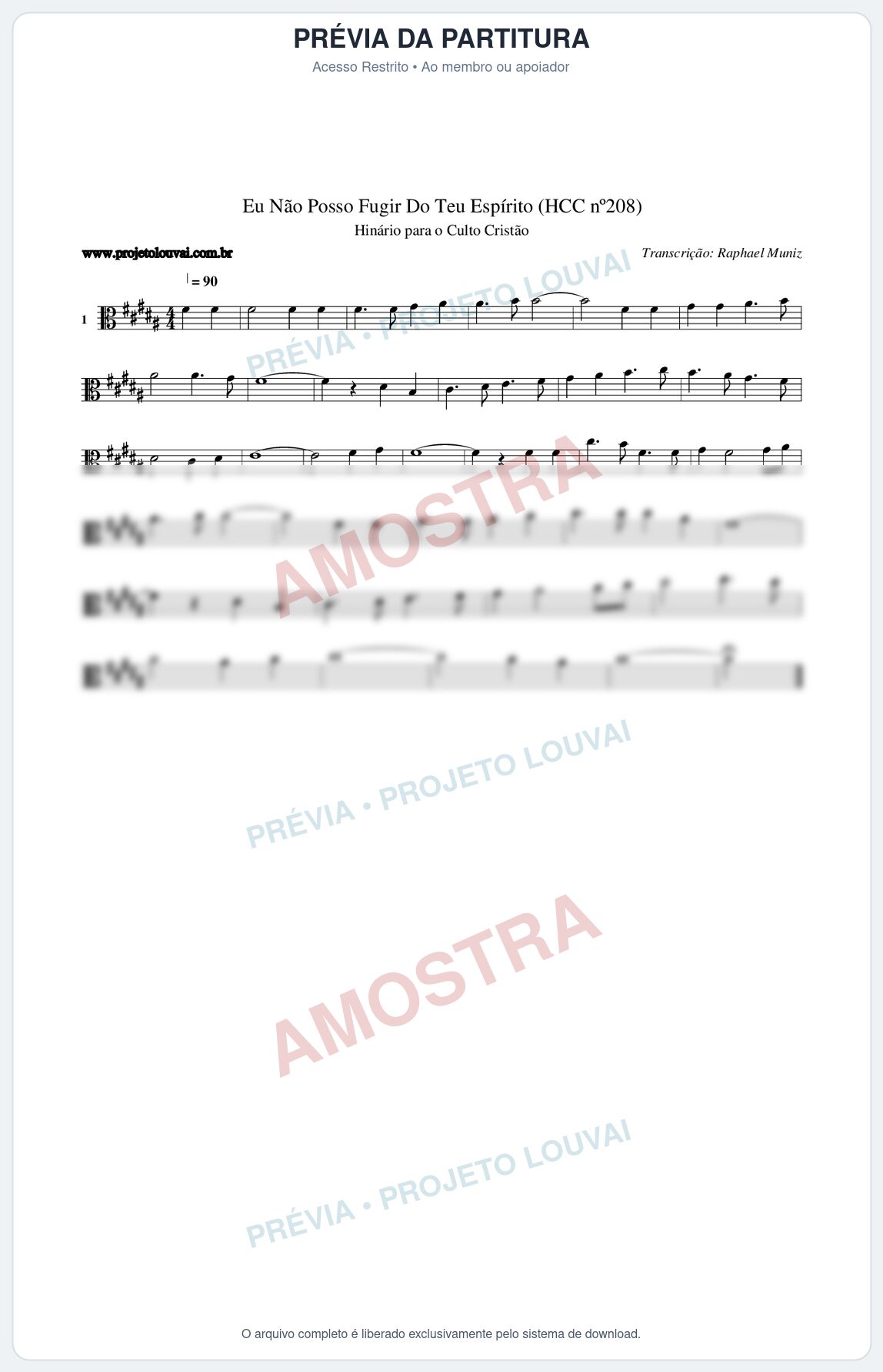 Prévia protegida da primeira página da partitura Partitura da música Eu Não Posso Fugir Do Teu Espírito (HCC nº208) - Hinário para o Culto Cristão - Tom B