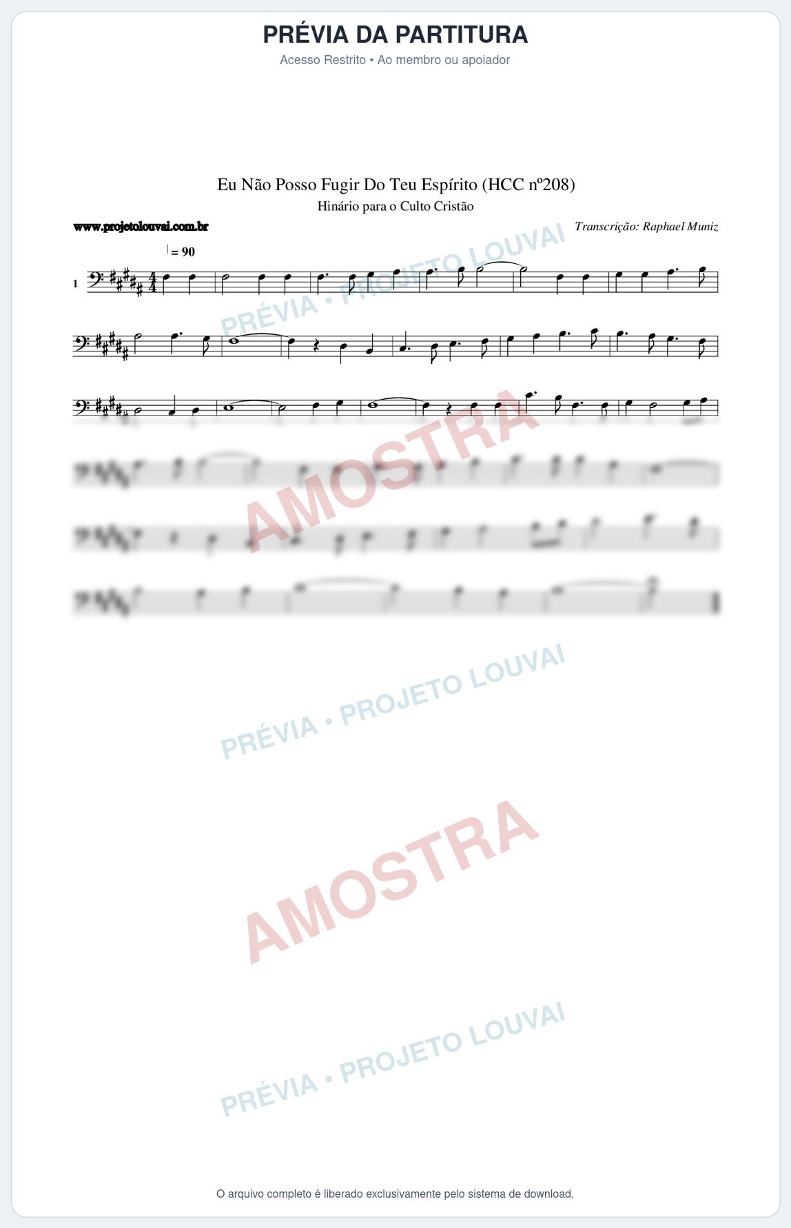 Prévia protegida da primeira página da partitura Partitura da música Eu Não Posso Fugir Do Teu Espírito (HCC nº208) - Hinário para o Culto Cristão - Tom B