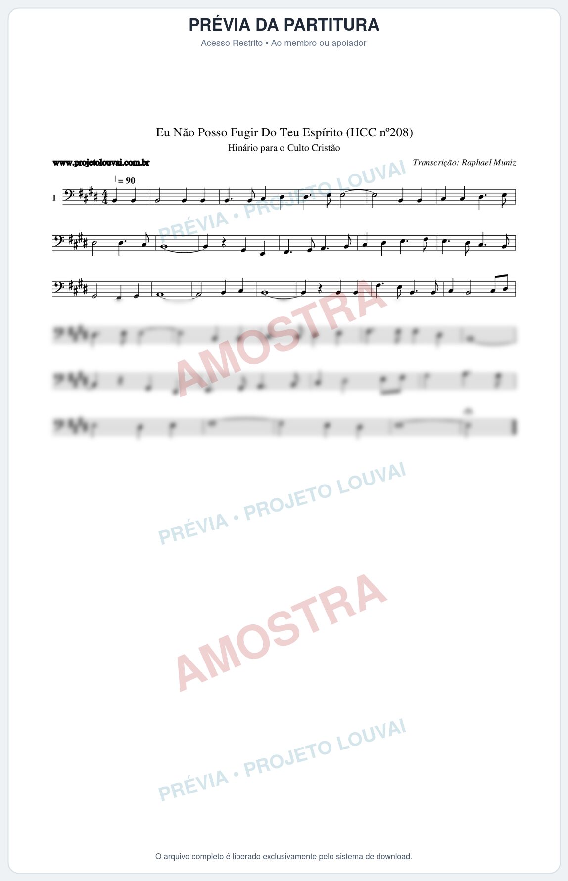 Prévia protegida da primeira página da partitura Partitura da música Eu Não Posso Fugir Do Teu Espírito (HCC nº208) - Hinário para o Culto Cristão - Tom E