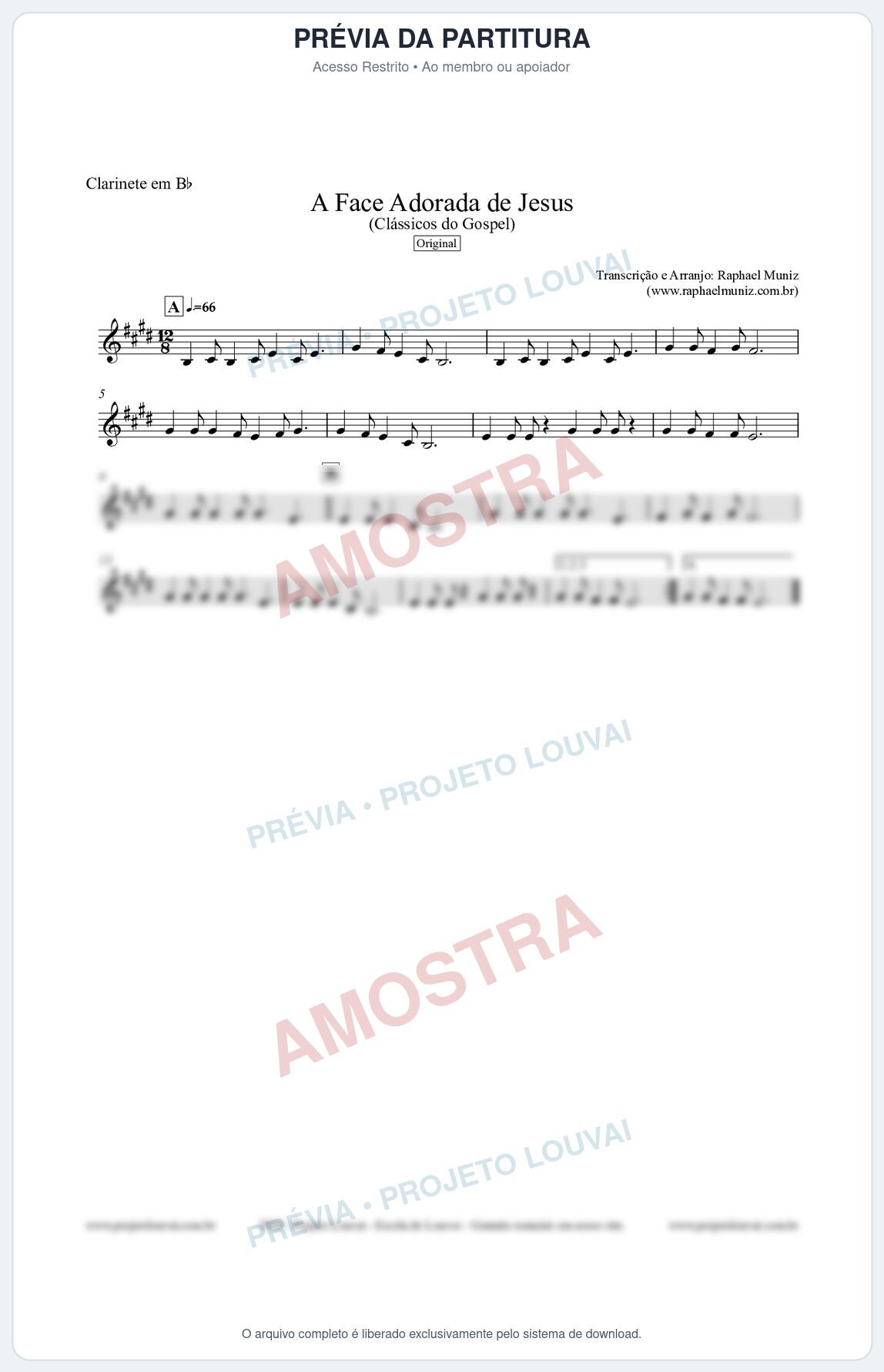 Prévia protegida da primeira página da partitura Partitura para Clarinete em Bb - A Face Adorada de Jesus - Harpa Cristã 304 (Tom D) - Clássicos do Gospel