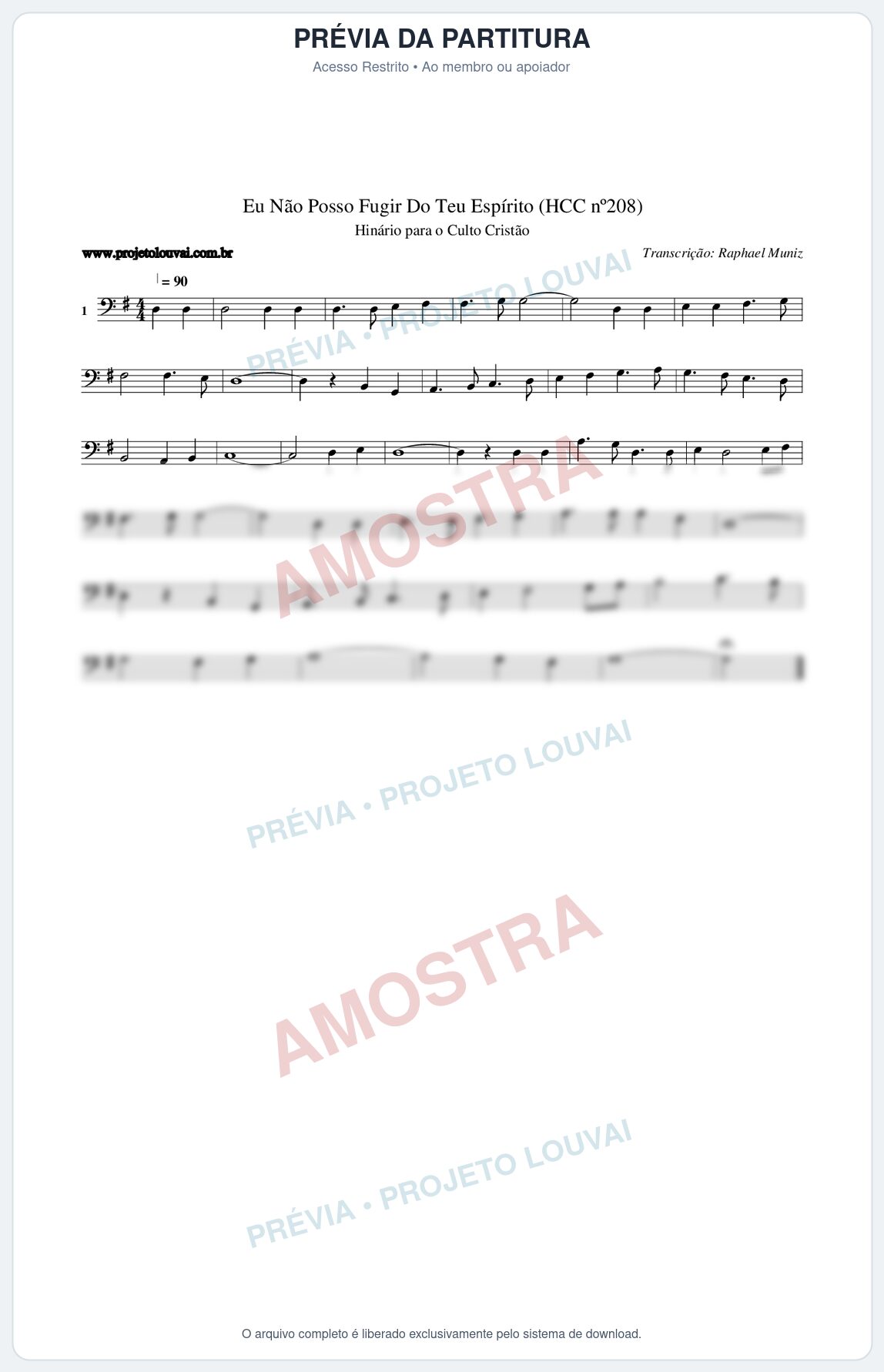 Prévia protegida da primeira página da partitura Partitura da música Eu Não Posso Fugir Do Teu Espírito (HCC nº208) - Hinário para o Culto Cristão - Tom G
