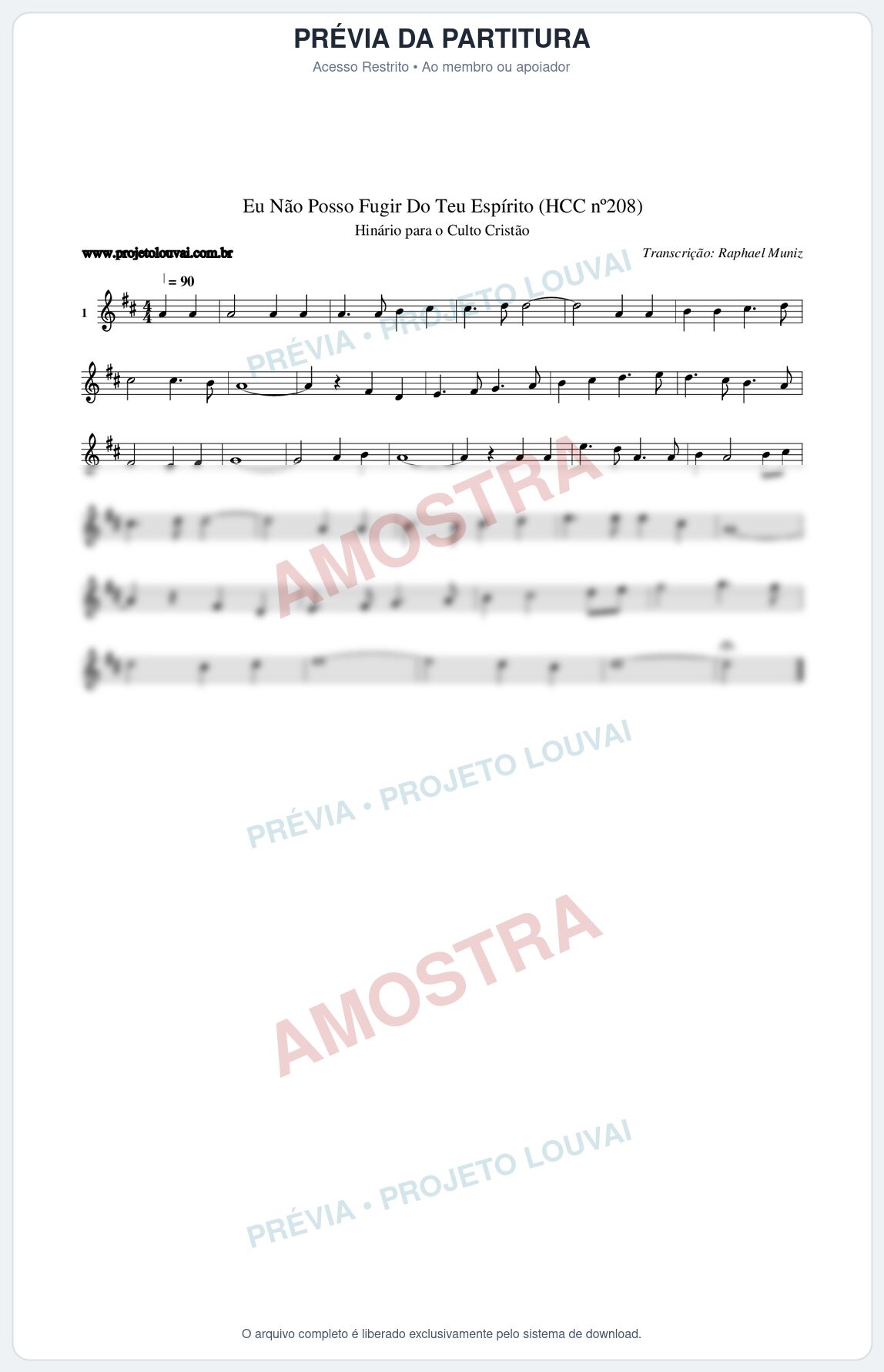 Prévia protegida da primeira página da partitura Partitura da música Eu Não Posso Fugir Do Teu Espírito (HCC nº208) - Hinário para o Culto Cristão - Tom D