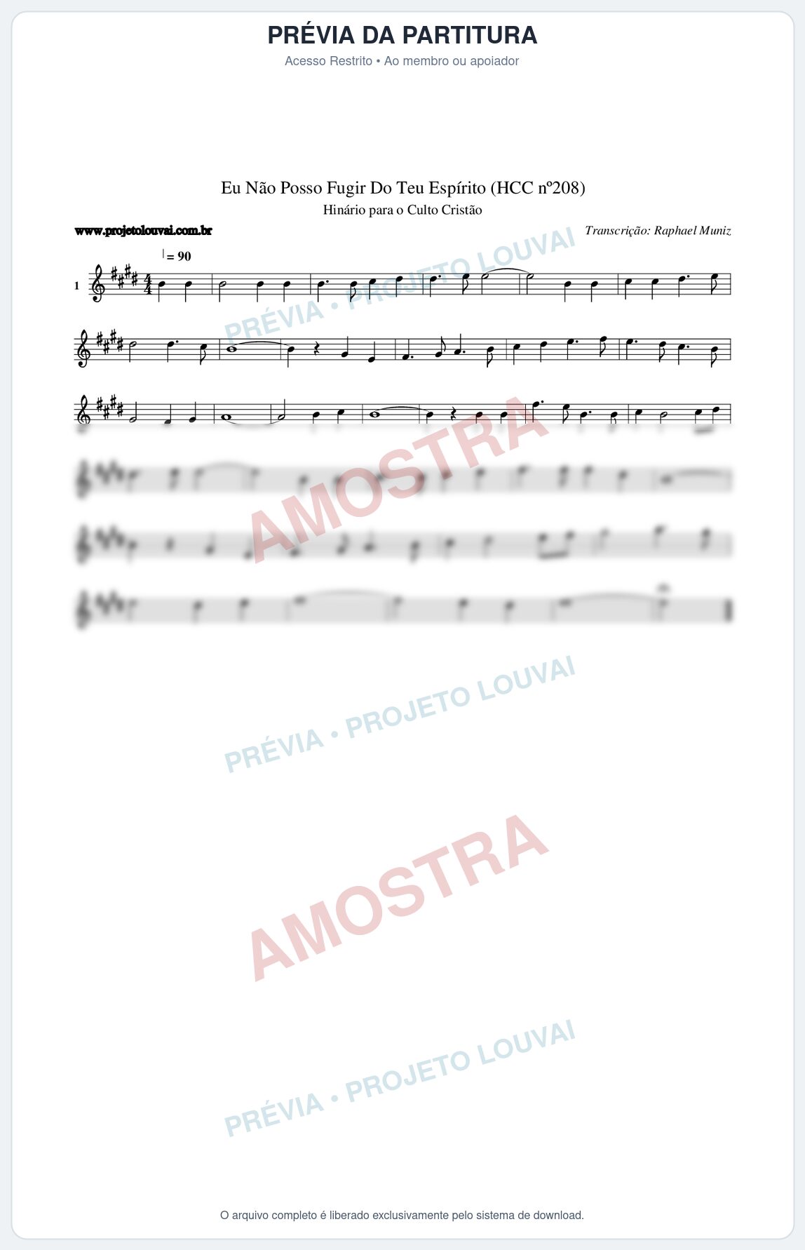 Prévia protegida da primeira página da partitura Partitura da música Eu Não Posso Fugir Do Teu Espírito (HCC nº208) - Hinário para o Culto Cristão - Tom E