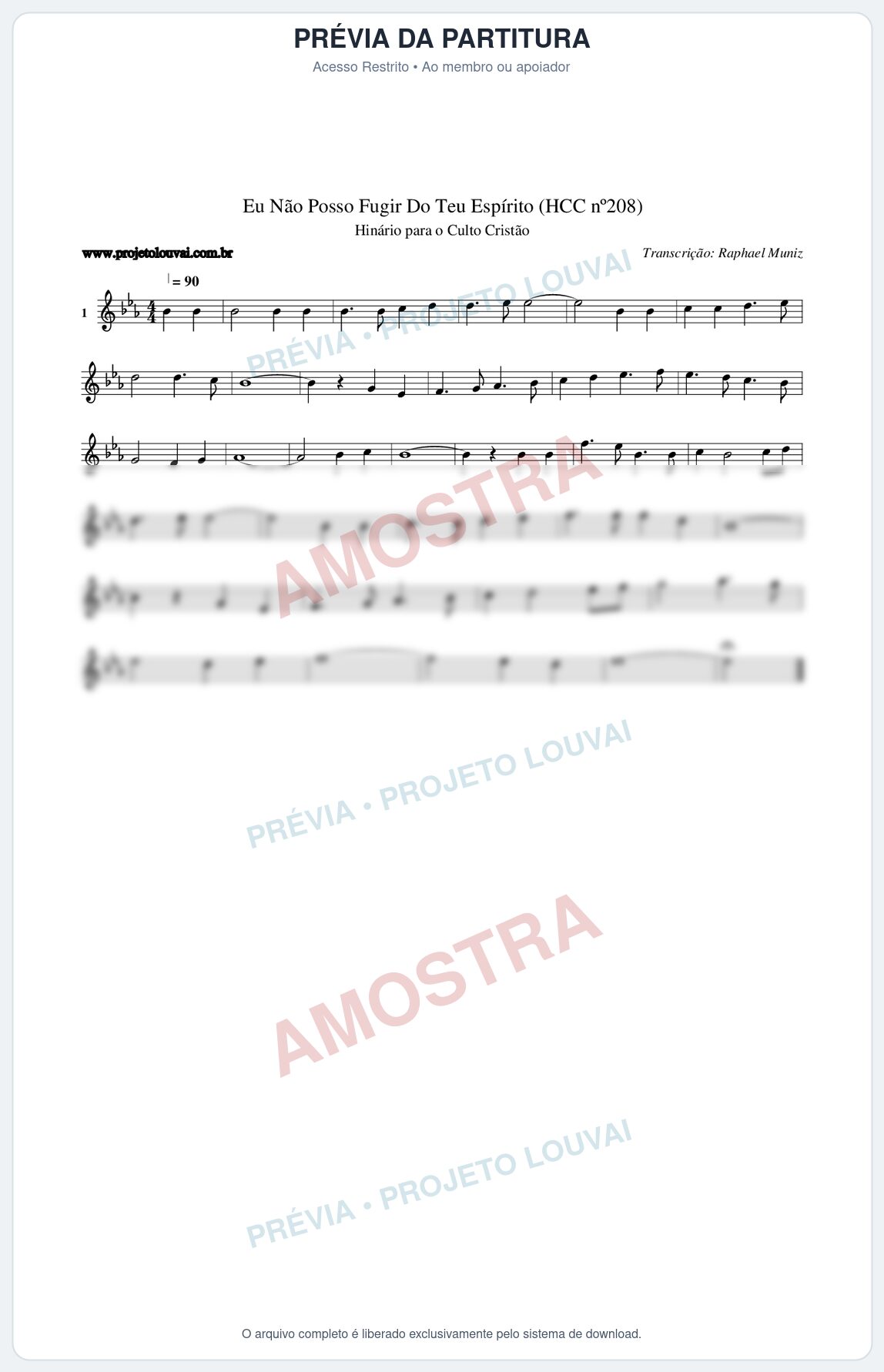 Prévia protegida da primeira página da partitura Partitura da música Eu Não Posso Fugir Do Teu Espírito (HCC nº208) - Hinário para o Culto Cristão - Tom Eb