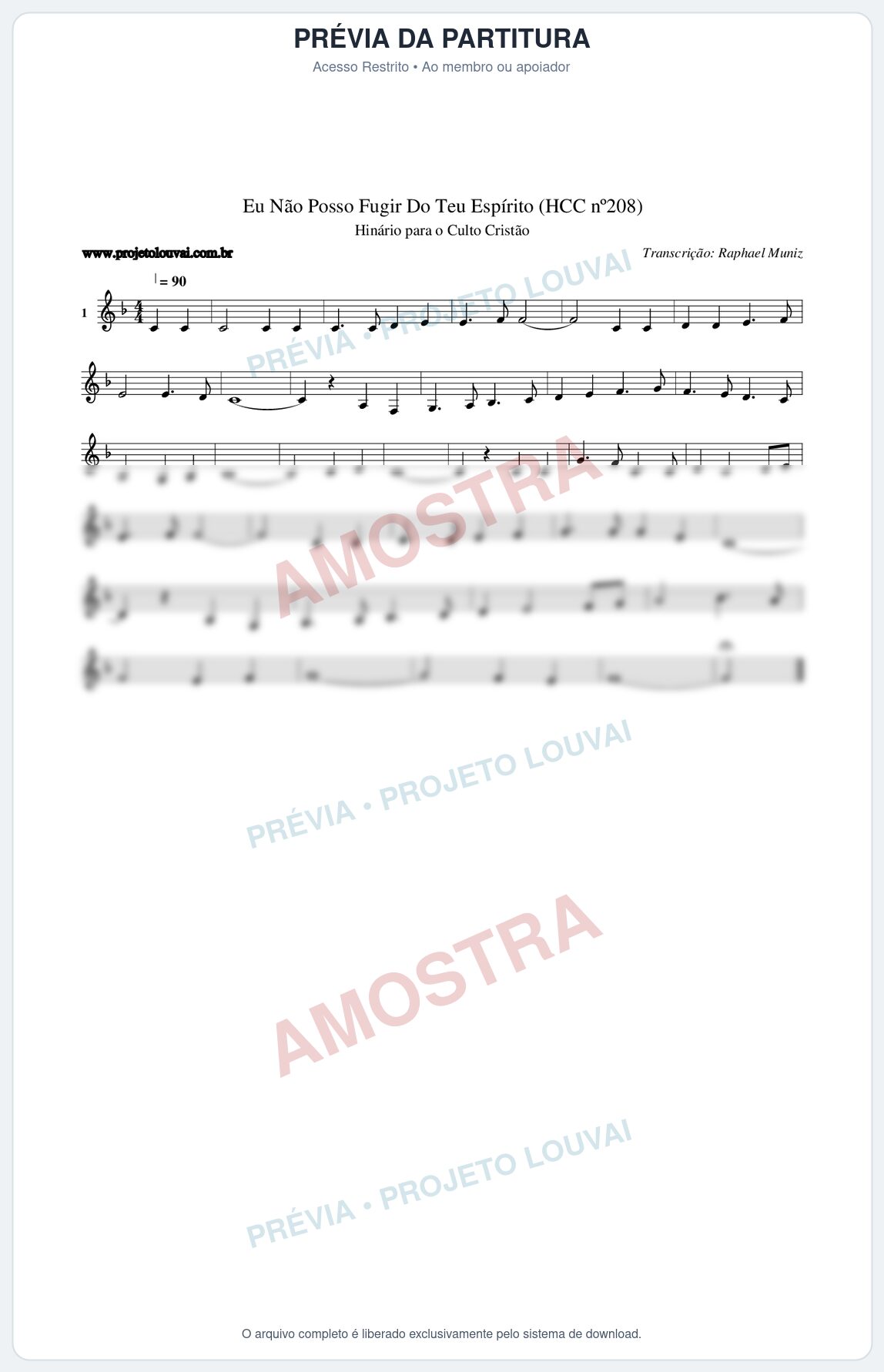 Prévia protegida da primeira página da partitura Partitura da música Eu Não Posso Fugir Do Teu Espírito (HCC nº208) - Hinário para o Culto Cristão - Tom F