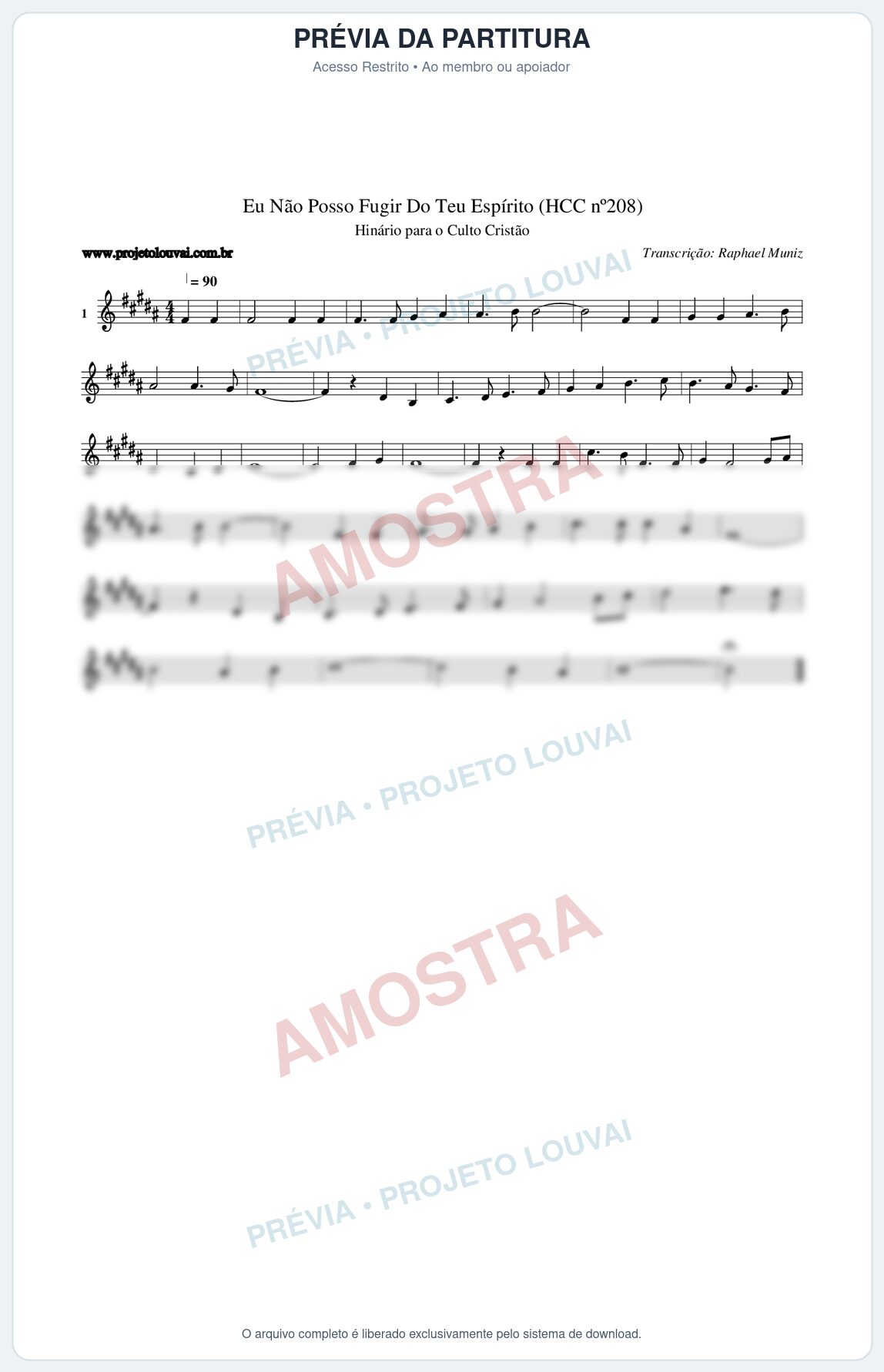 Prévia protegida da primeira página da partitura Partitura da música Eu Não Posso Fugir Do Teu Espírito (HCC nº208) - Hinário para o Culto Cristão - Tom B