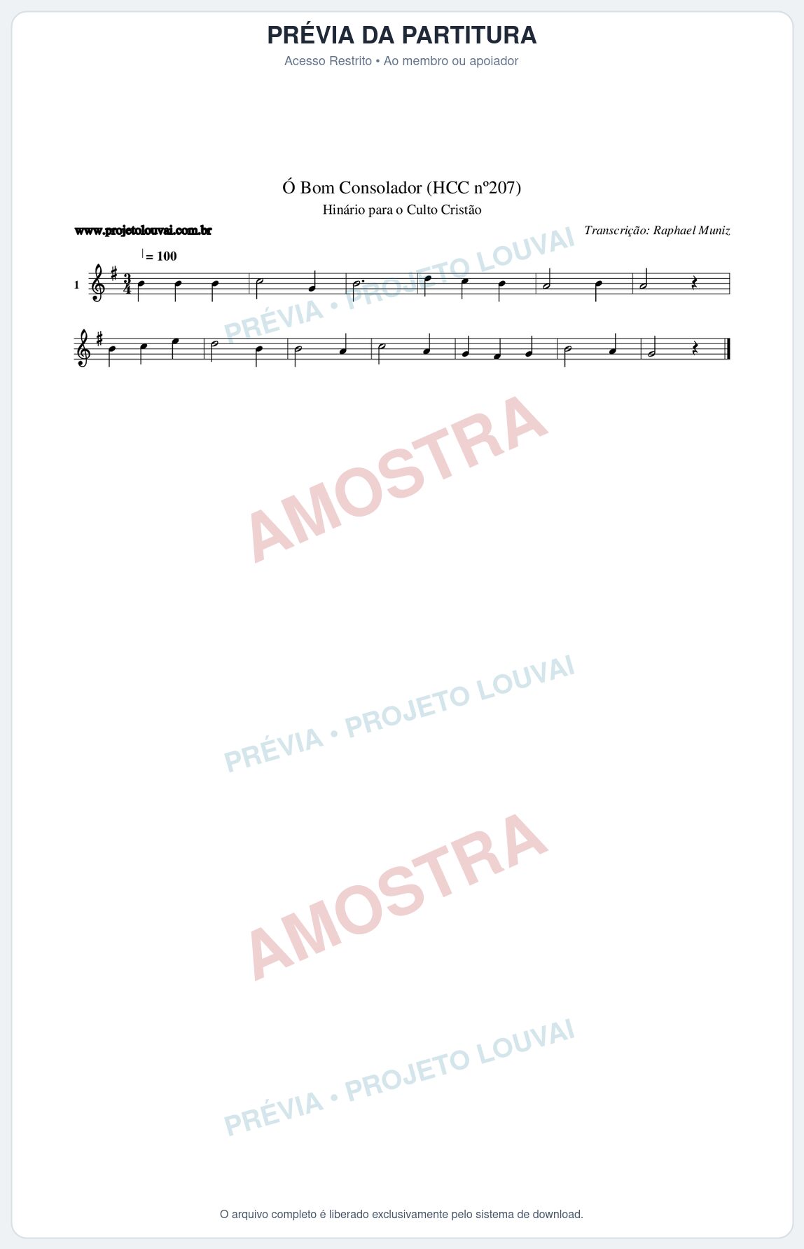 Prévia protegida da primeira página da partitura Partitura da música Bom Consolador (HCC nº207) - Hinário para o Culto Cristão - Tom G