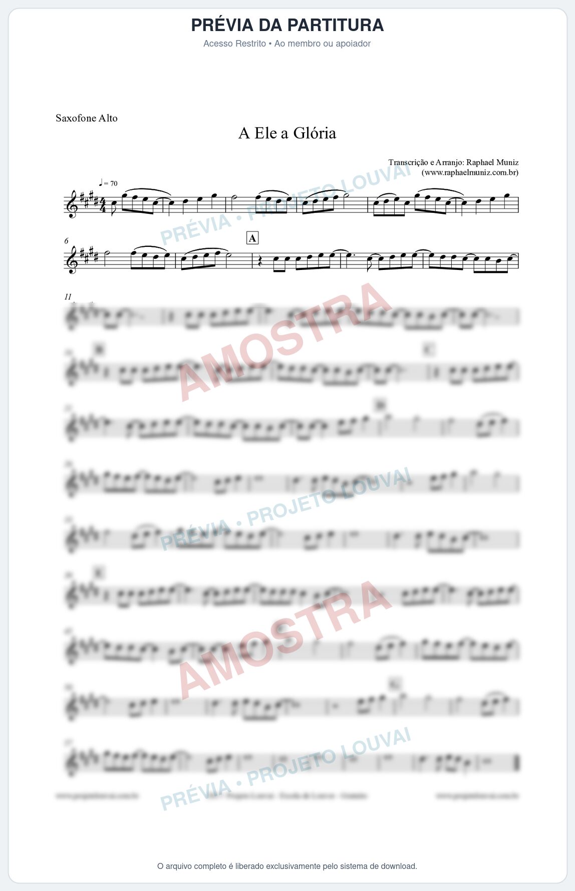 Prévia protegida da primeira página da partitura Partitura para Sax Alto - A Ele a Glória - Diante do Trono