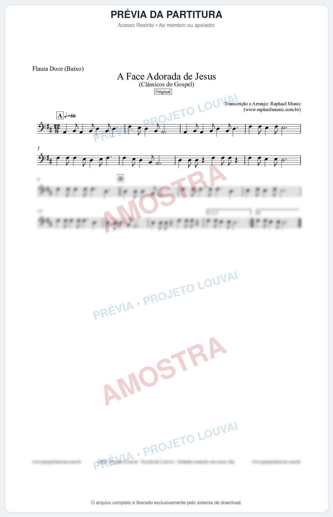 Prévia protegida da primeira página da partitura Partitura para Flauta Doce (Baixo) - A Face Adorada de Jesus - Harpa Cristã 304 (Tom D) - Clássicos do Gospel