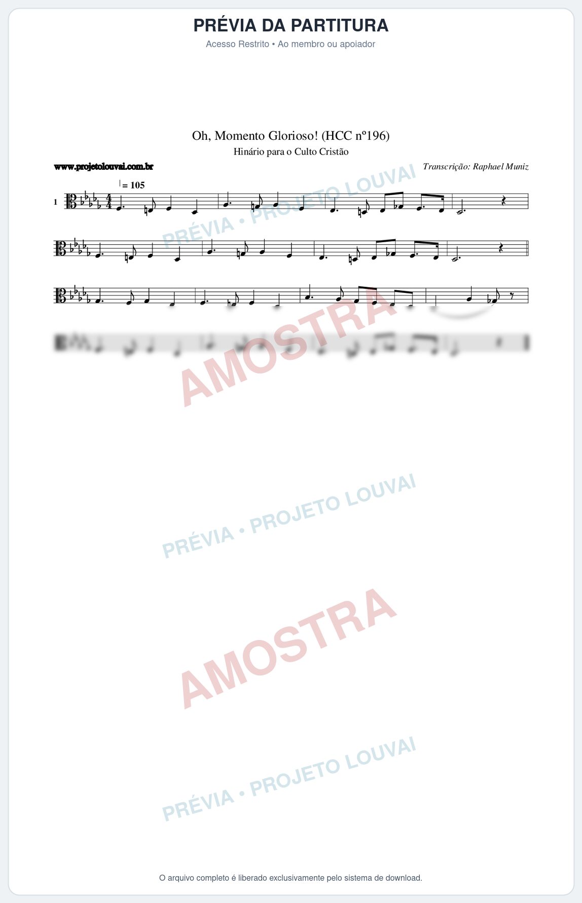 Prévia protegida da primeira página da partitura Partitura da música Oh, Momento Glorioso! (HCC nº196) - Hinário para o Culto Cristão - Tom Db