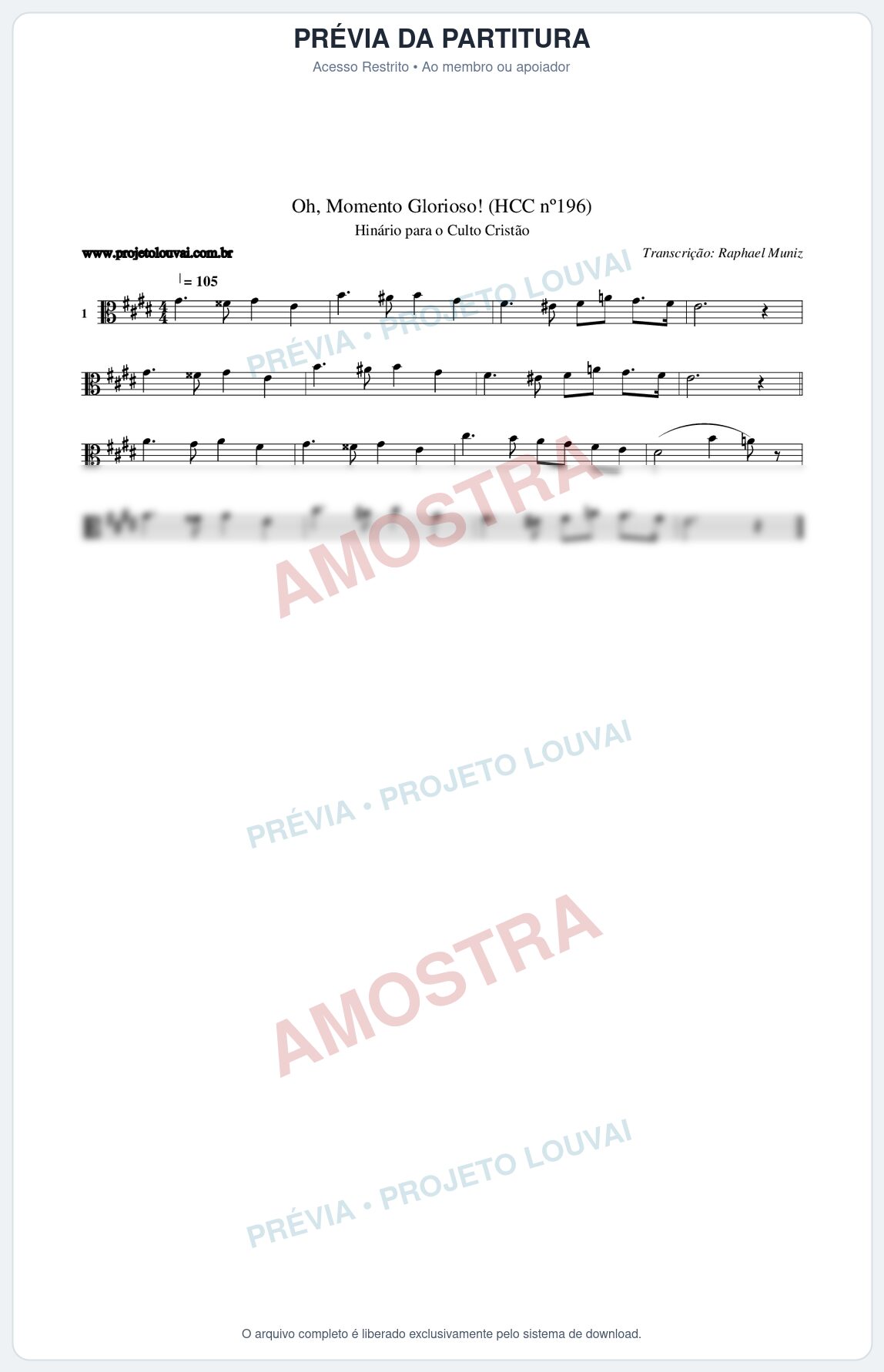 Prévia protegida da primeira página da partitura Partitura da música Oh, Momento Glorioso! (HCC nº196) - Hinário para o Culto Cristão - Tom E