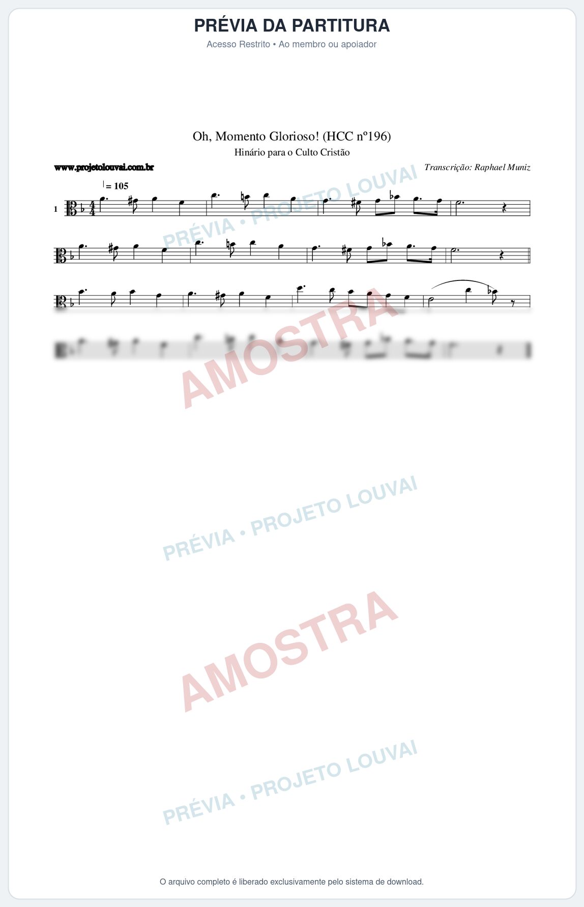 Prévia protegida da primeira página da partitura Partitura da música Oh, Momento Glorioso! (HCC nº196) - Hinário para o Culto Cristão - Tom F