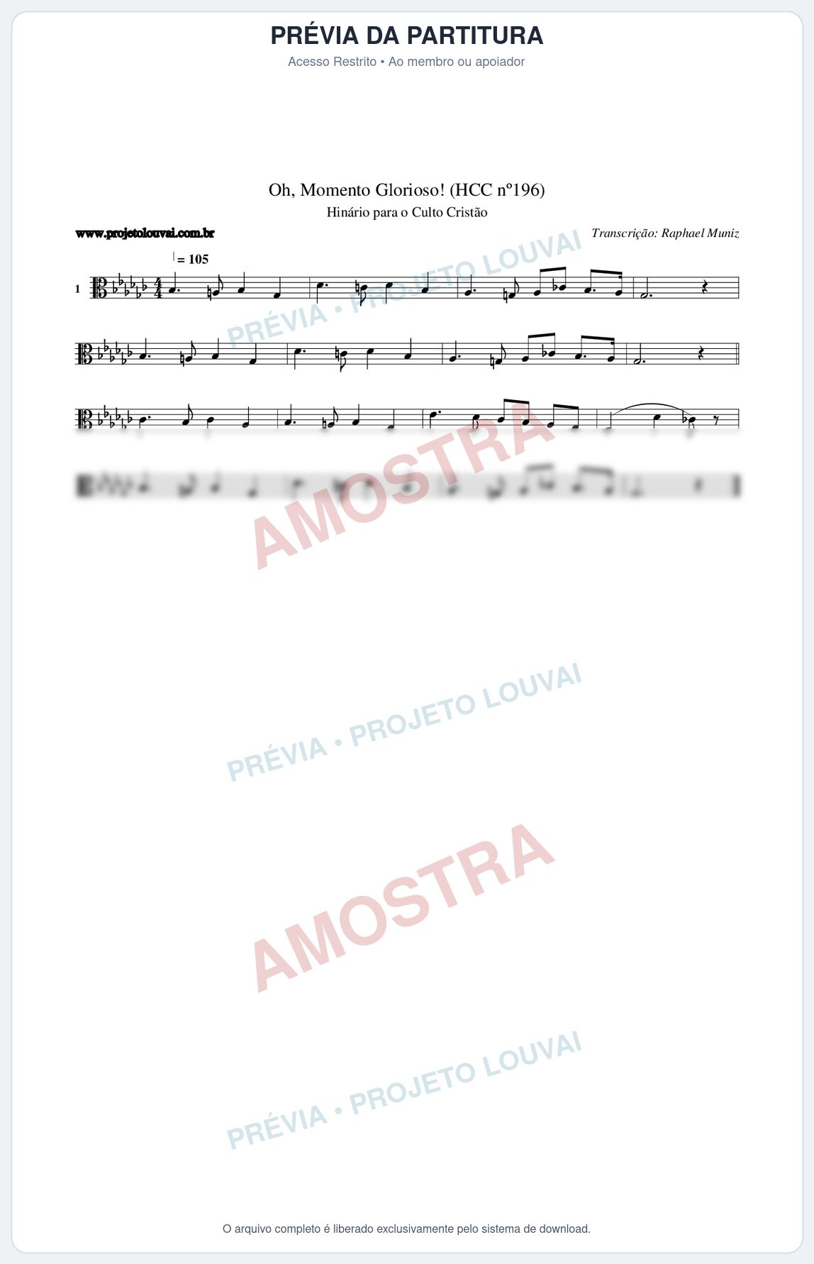 Prévia protegida da primeira página da partitura Partitura da música Oh, Momento Glorioso! (HCC nº196) - Hinário para o Culto Cristão - Tom Gb