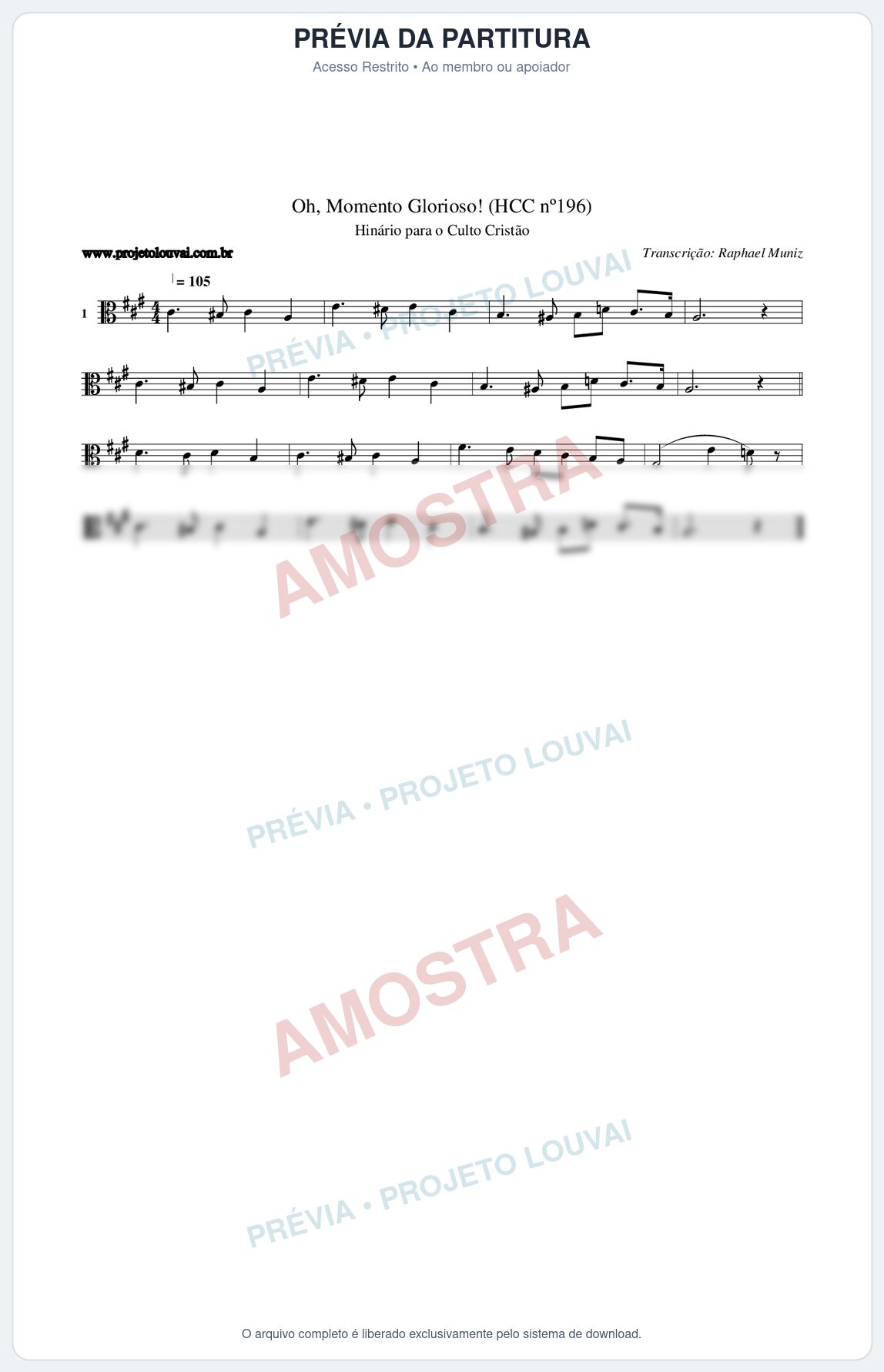Prévia protegida da primeira página da partitura Partitura da música Oh, Momento Glorioso! (HCC nº196) - Hinário para o Culto Cristão - Tom A
