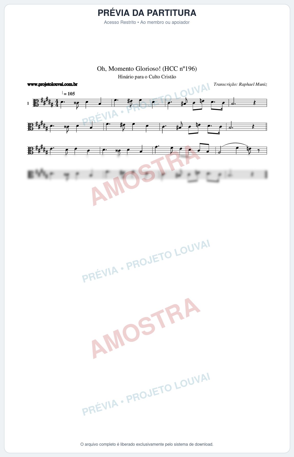 Prévia protegida da primeira página da partitura Partitura da música Oh, Momento Glorioso! (HCC nº196) - Hinário para o Culto Cristão - Tom B