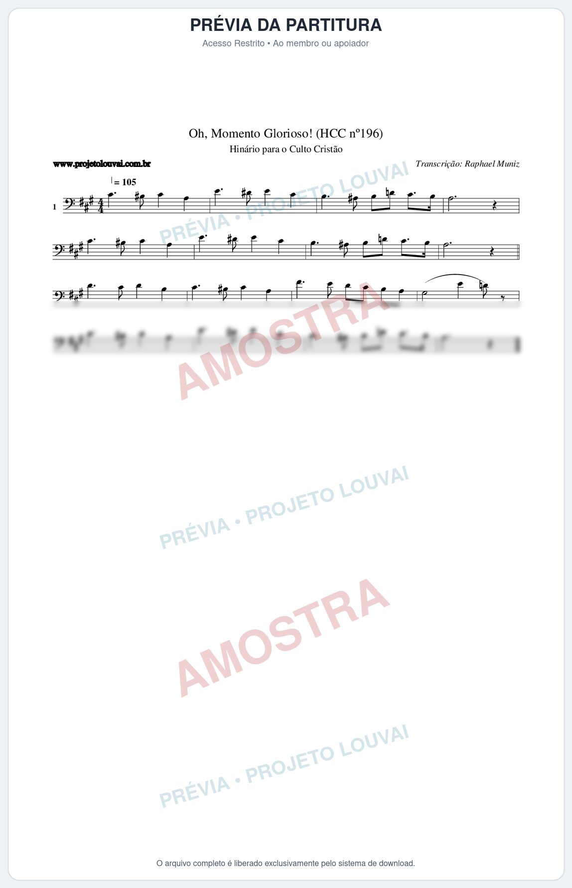 Prévia protegida da primeira página da partitura Partitura da música Oh, Momento Glorioso! (HCC nº196) - Hinário para o Culto Cristão - Tom A