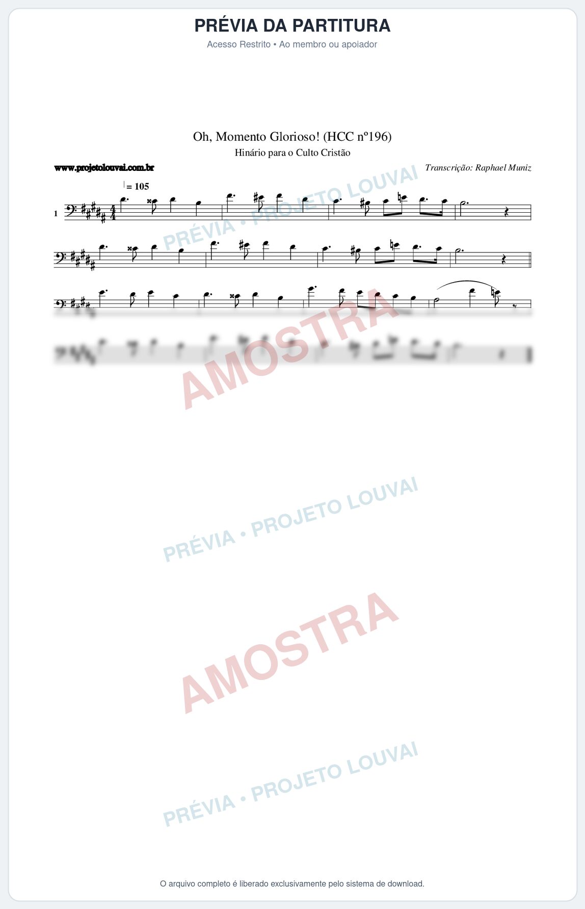 Prévia protegida da primeira página da partitura Partitura da música Oh, Momento Glorioso! (HCC nº196) - Hinário para o Culto Cristão - Tom B