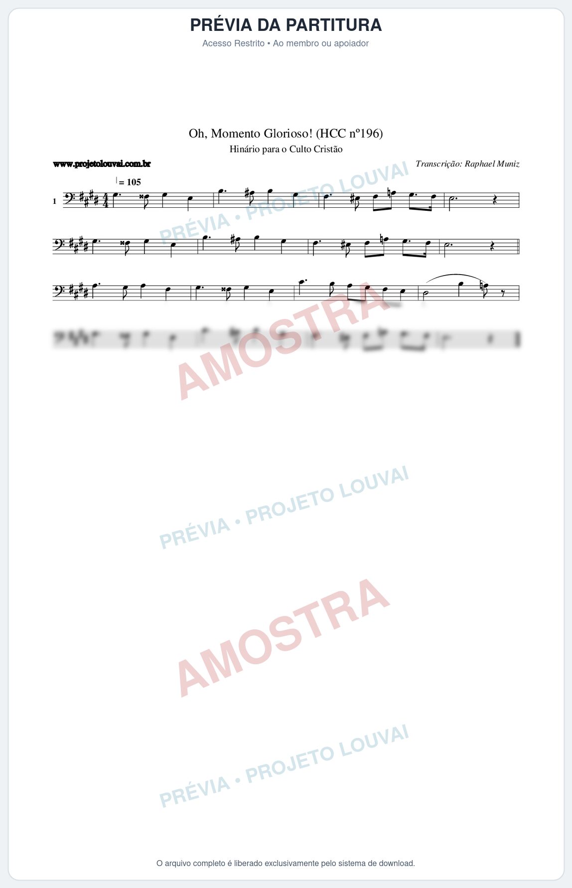 Prévia protegida da primeira página da partitura Partitura da música Oh, Momento Glorioso! (HCC nº196) - Hinário para o Culto Cristão - Tom E
