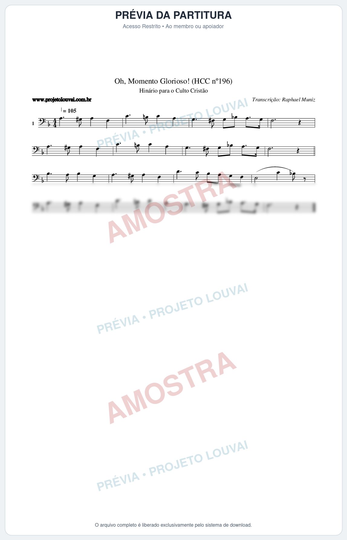 Prévia protegida da primeira página da partitura Partitura da música Oh, Momento Glorioso! (HCC nº196) - Hinário para o Culto Cristão - Tom F